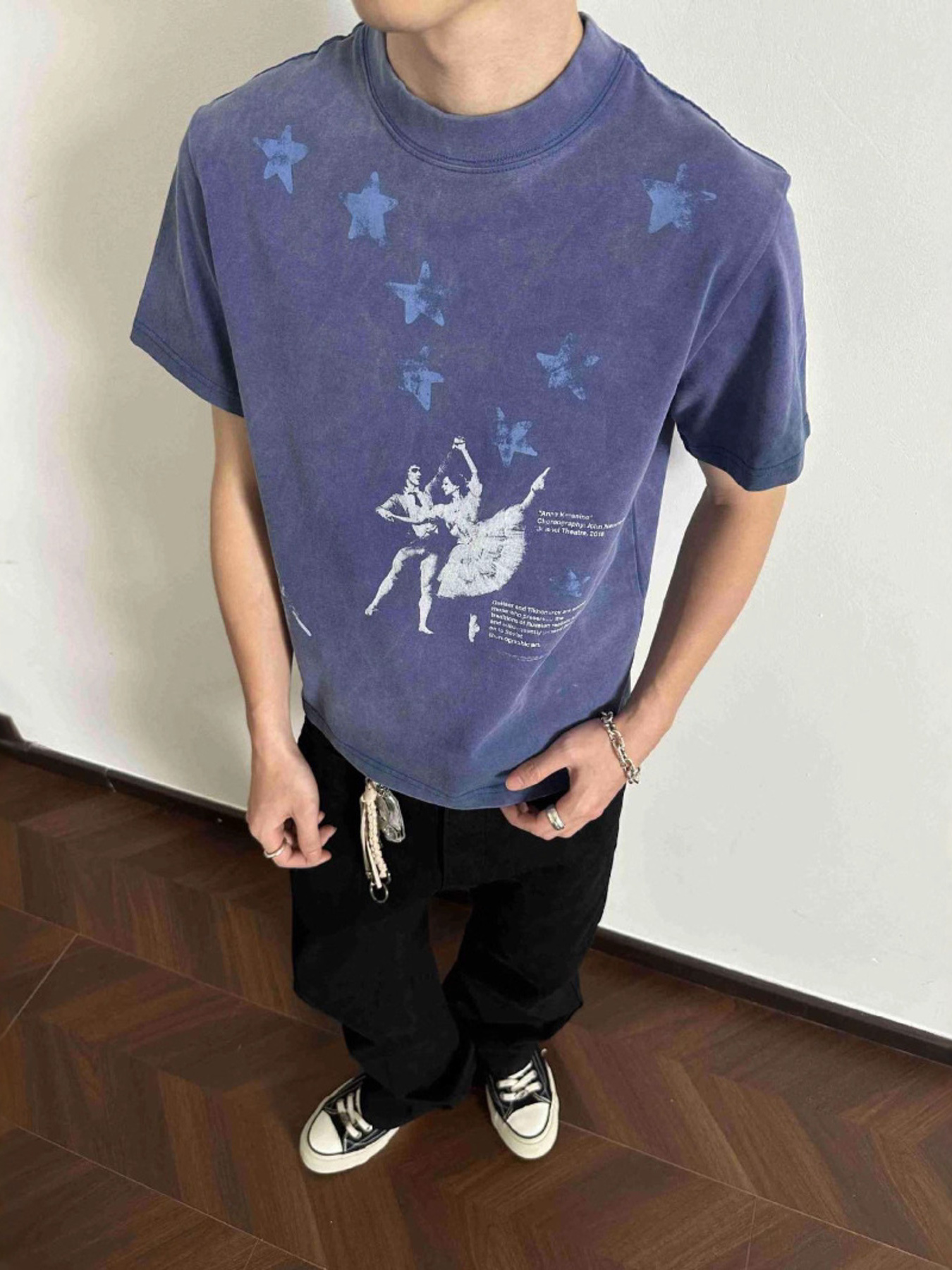 Men's Plus Size Vintage Washed Ballet Print T-Shirt