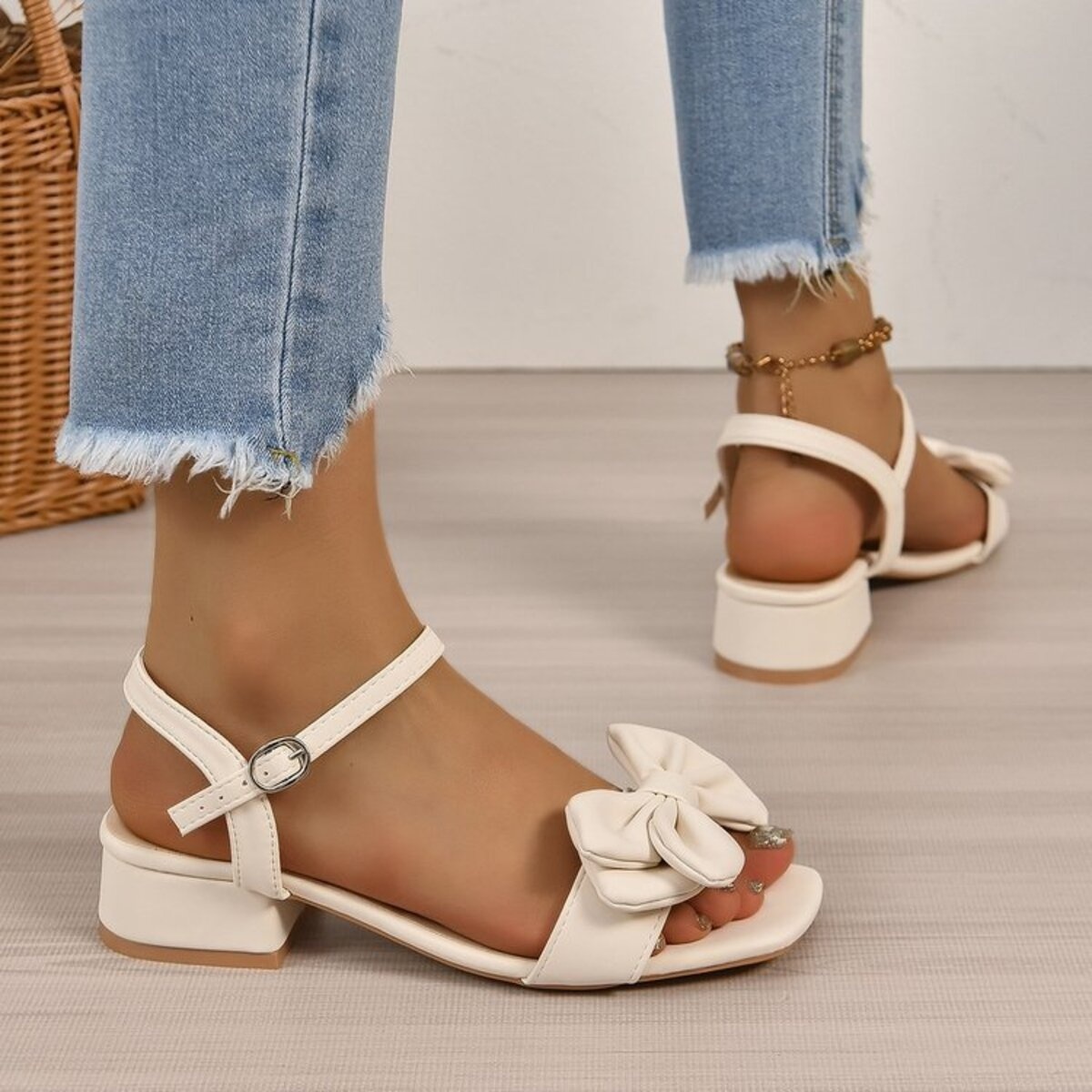 Bow Detail Ankle Strap Block Heel Sandals