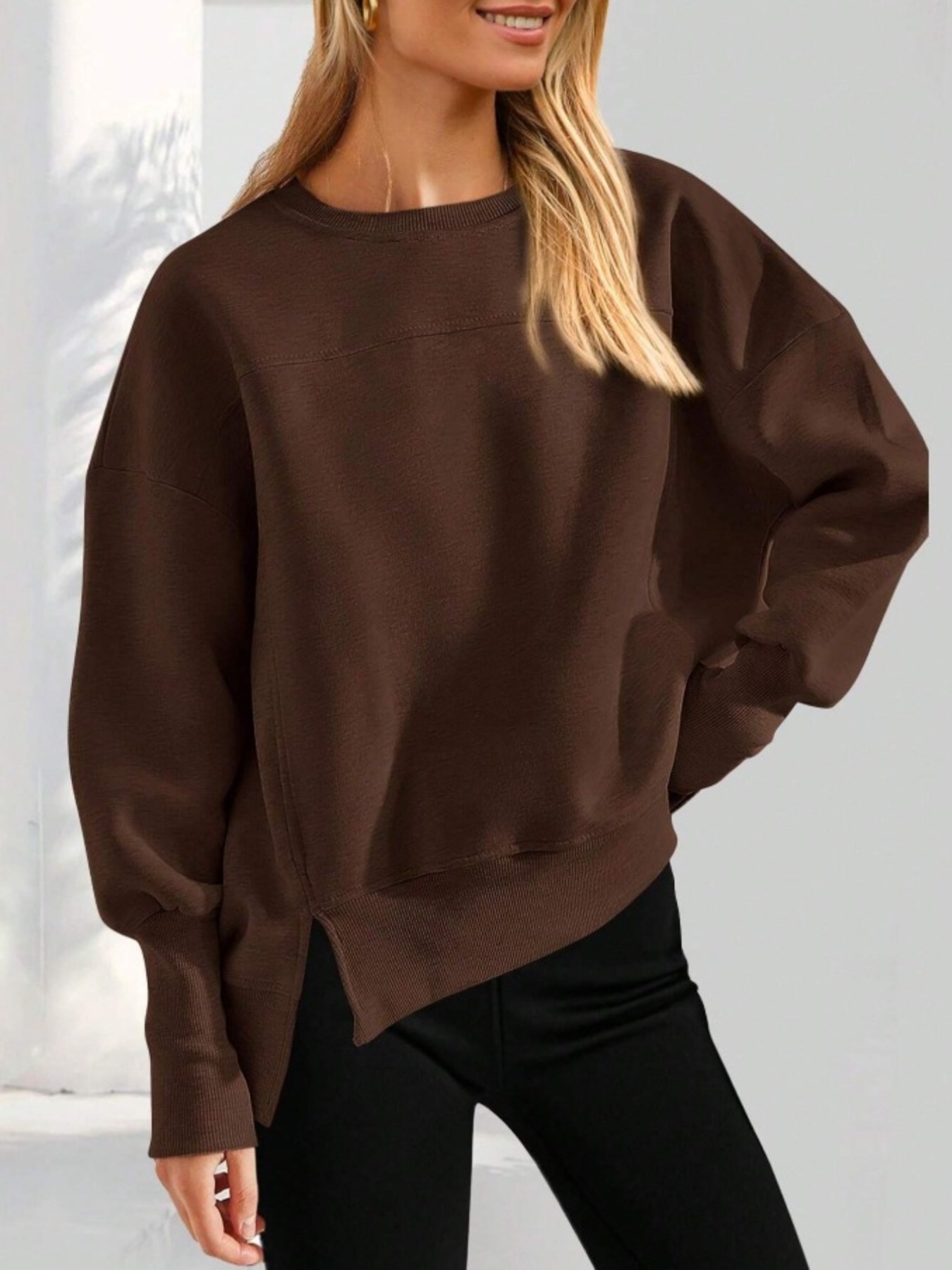 Slit Round Neck Dropped Shoulder Sweatshirt