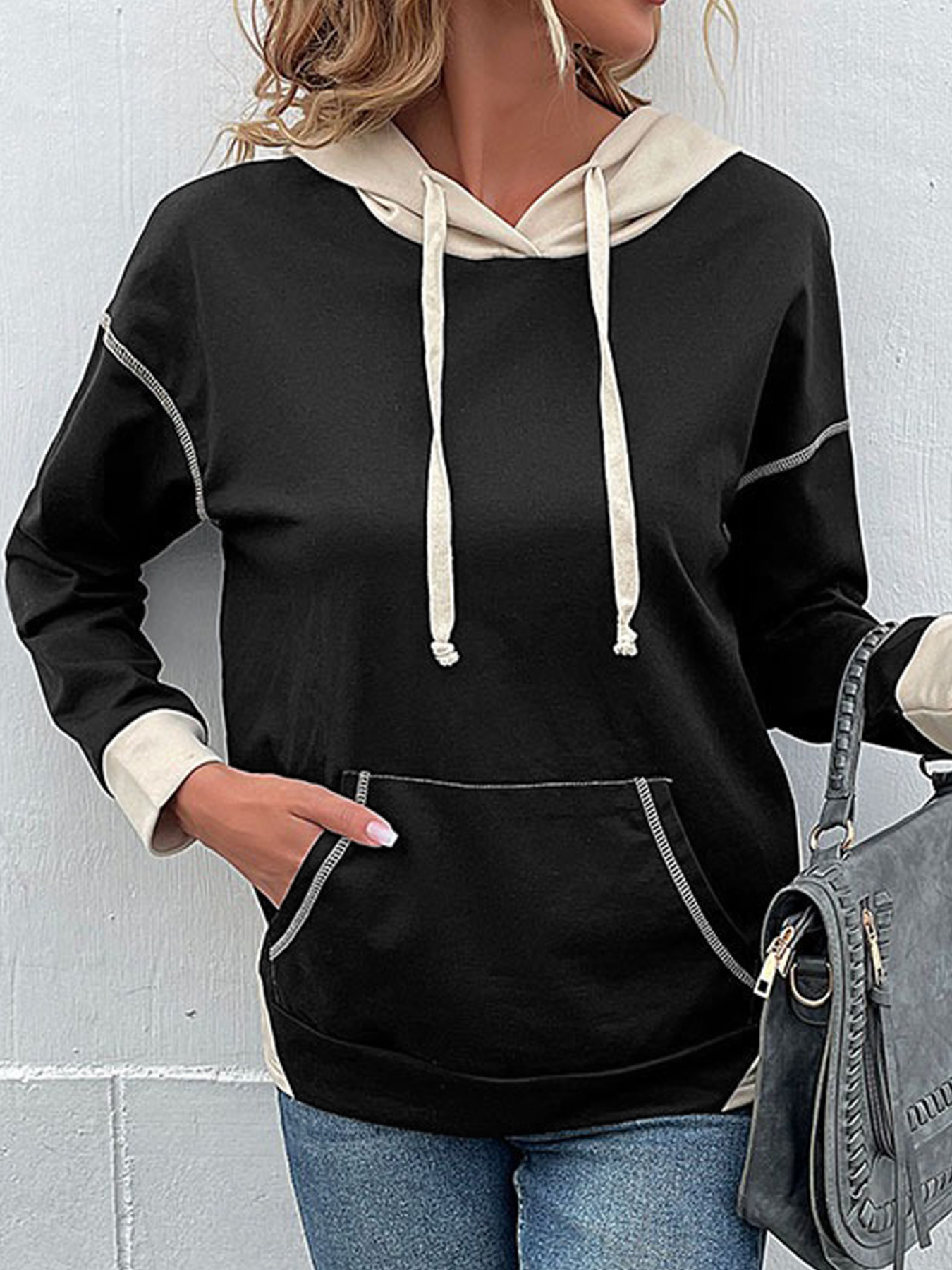 Color Block Hoodie with Drawstring and Kangaroo Pocket