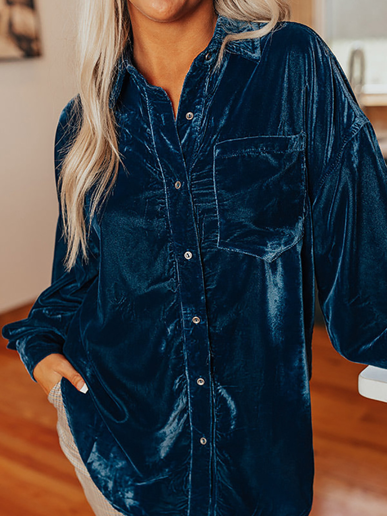Velvet Button-Down Long Sleeve Shirt