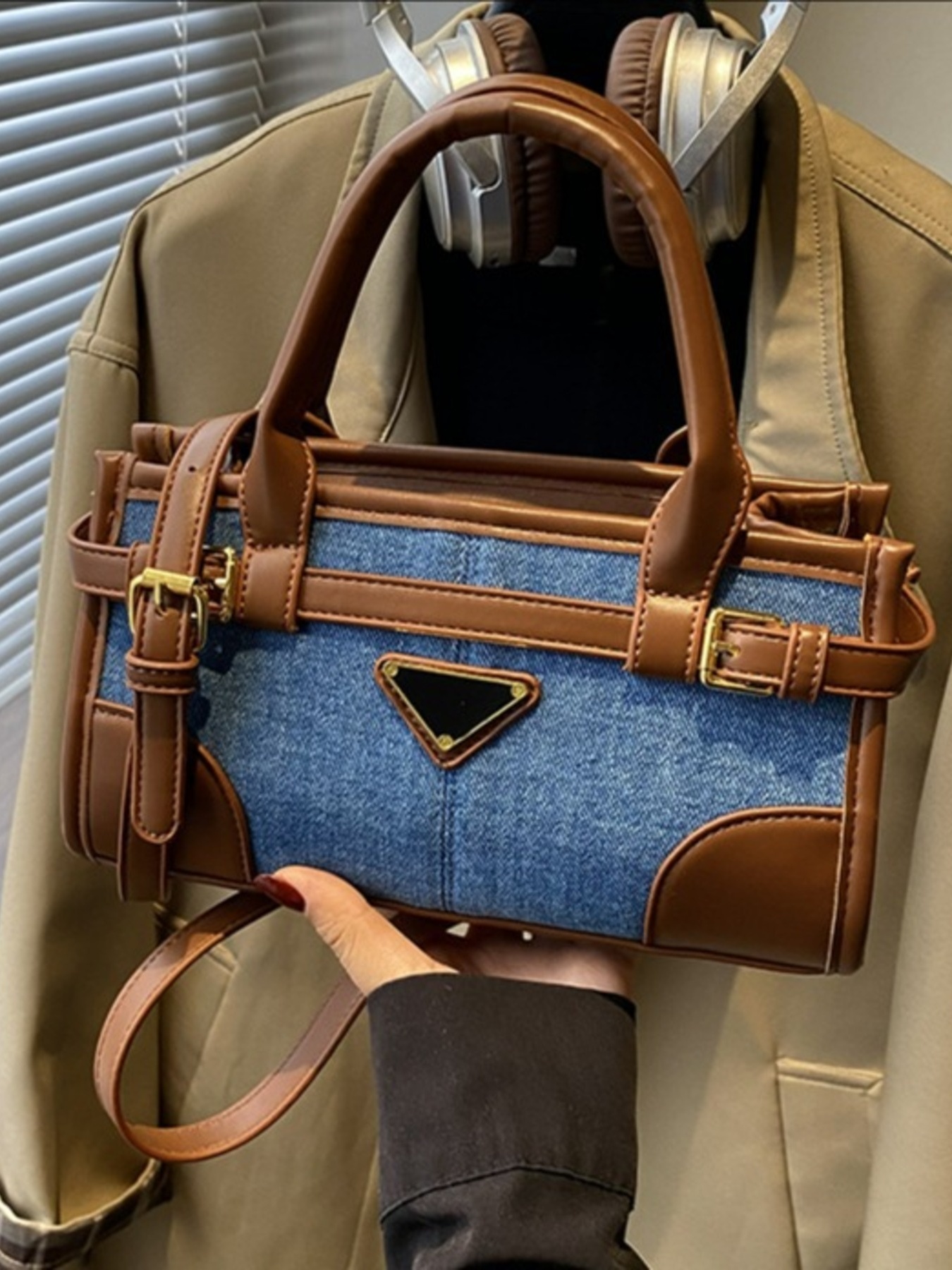 Denim Patchwork Buckle Decor Crossbody Bag