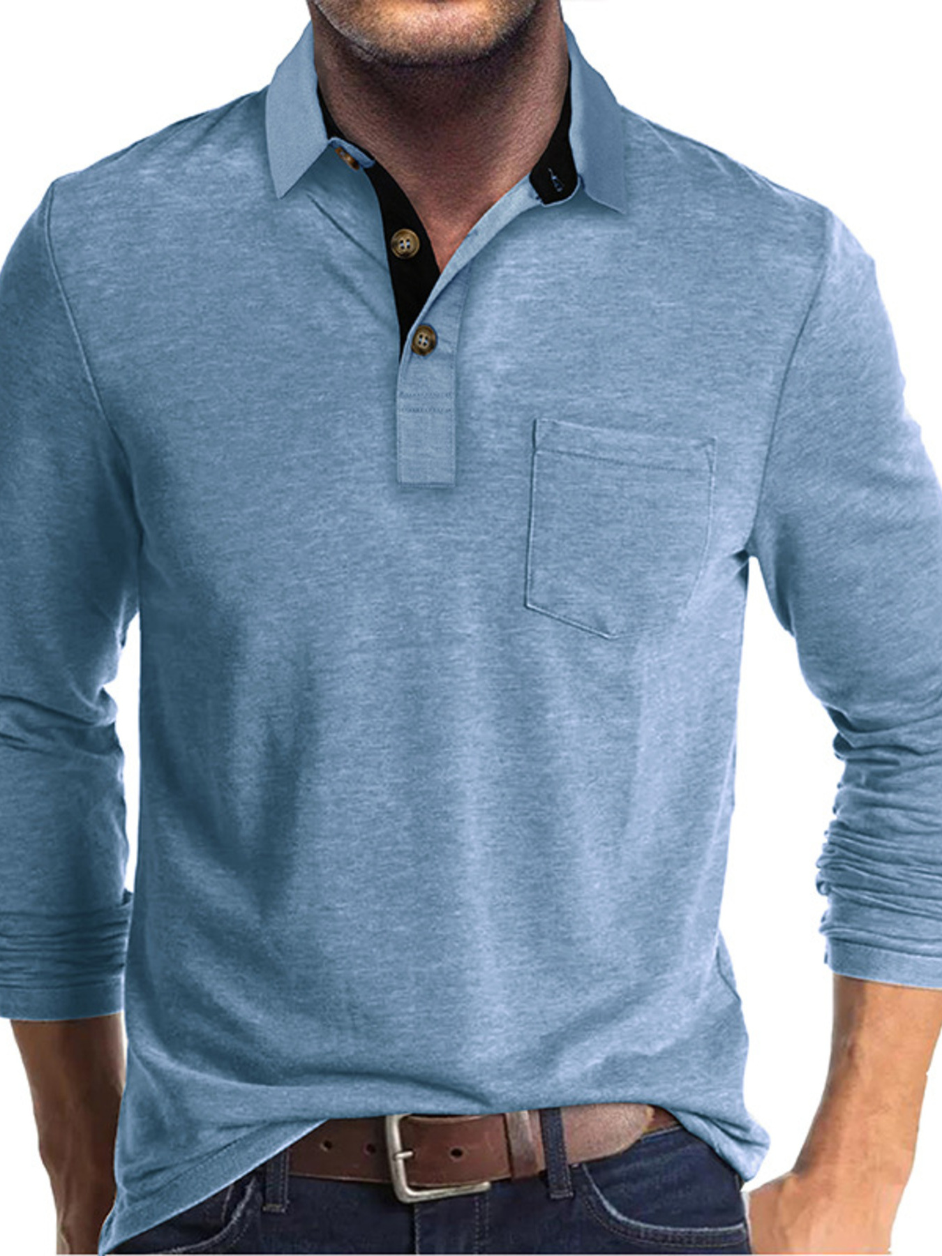 Men's Full Size Button Detail Long Sleeve Polo Plus Size