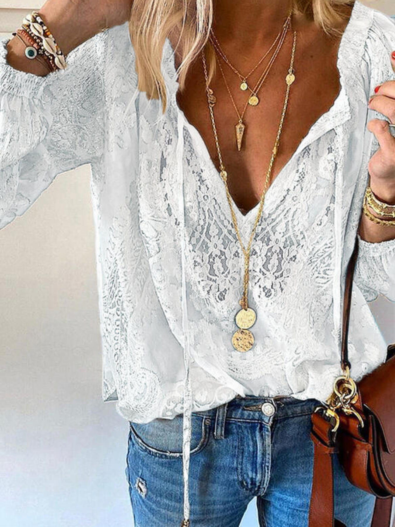 Lace Tie-Neck Blouse
