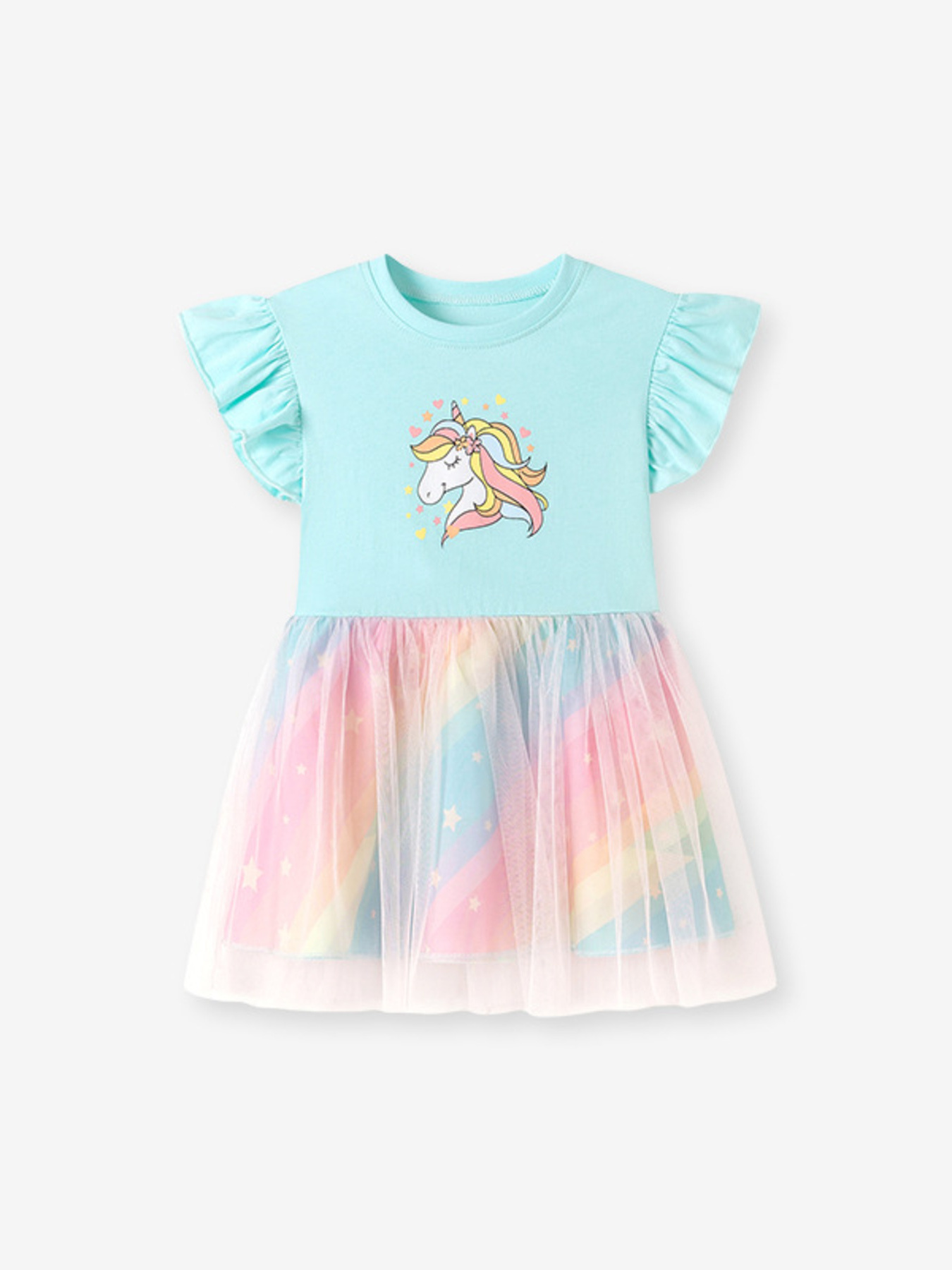 Children's Unicorn Graphic Rainbow Tulle Layered Dress
