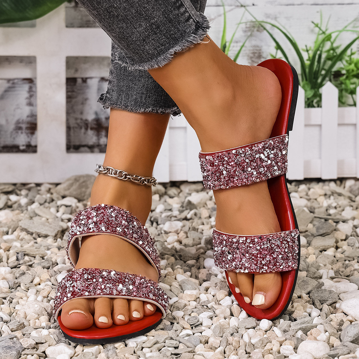 Sequin Open Toe Flats Sandals