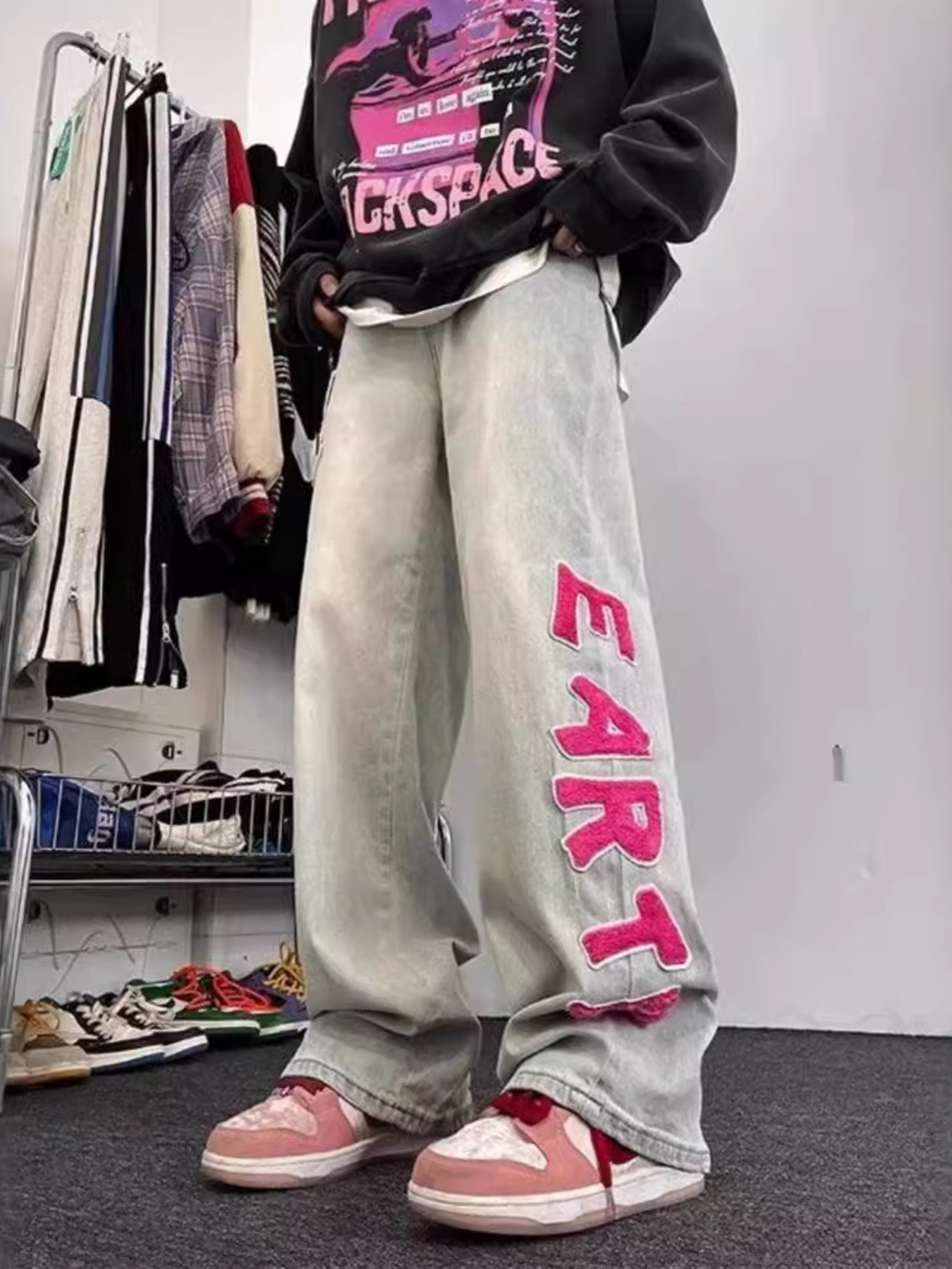 Men's Full Size Letter Washed Wide Leg Jeans Plus Size