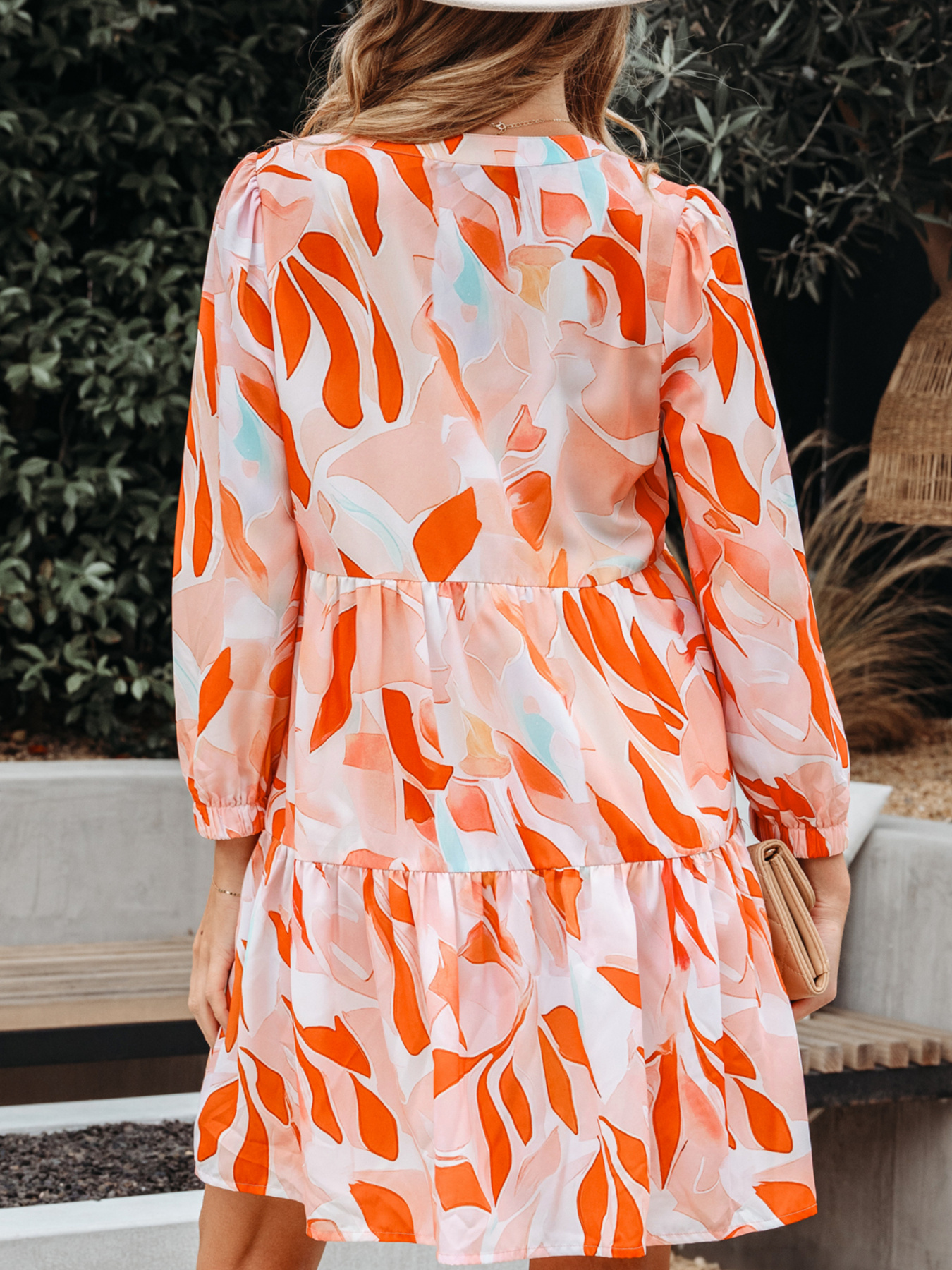 Abstract Print Long Sleeve Tiered Mini Dress