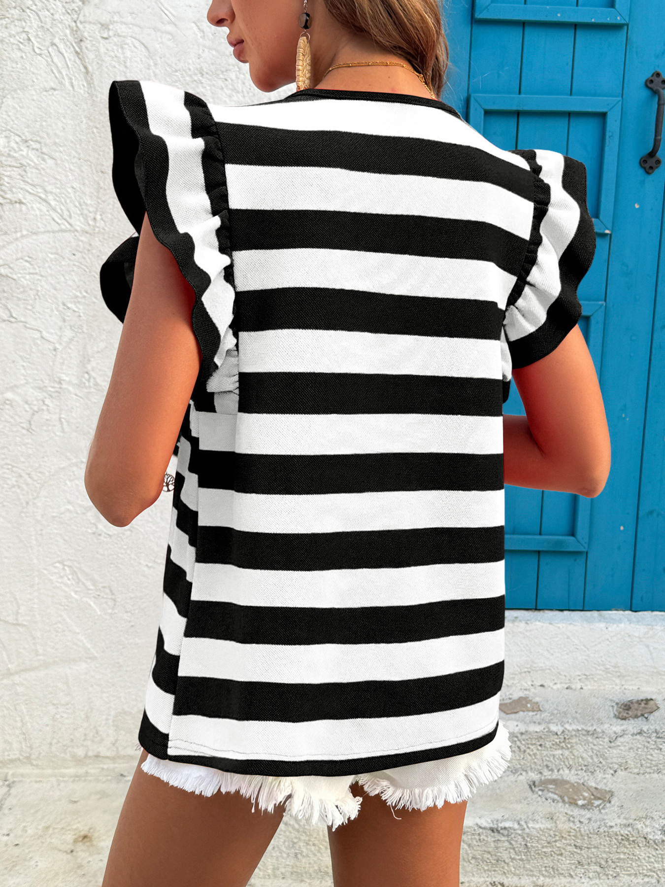 Contrast Striped Ruffle Sleeve T-Shirt