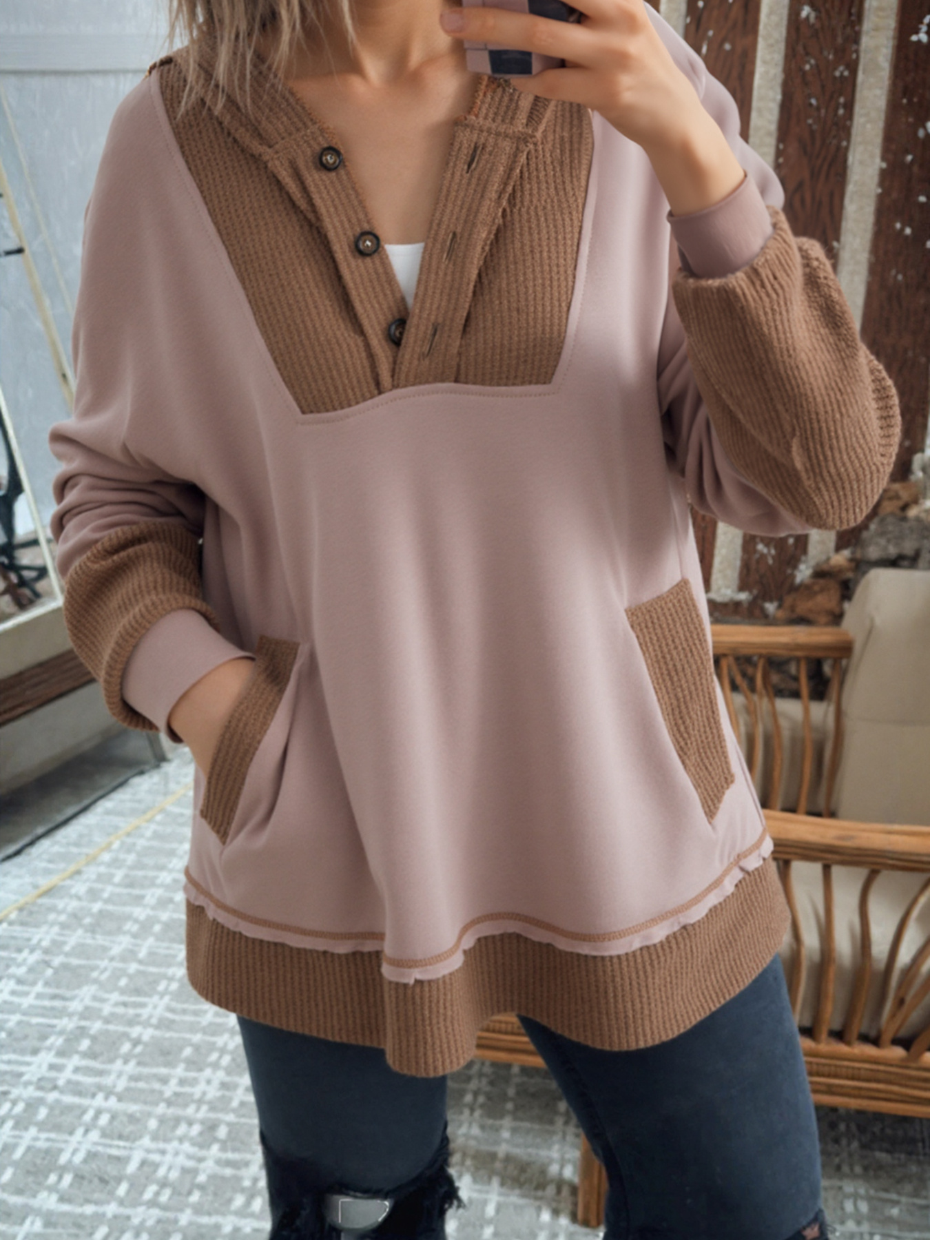 Oversize Waffle Patchwork Exposed Seam Casual Hoodie