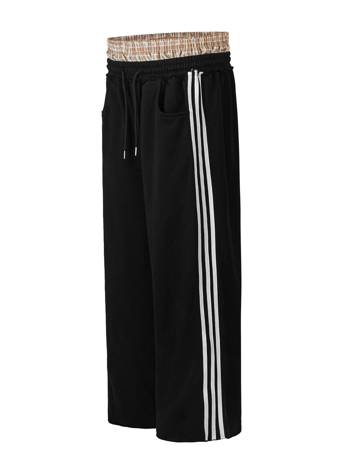 Men's Contrast Plaid Waistband Drawstring Wide Leg Pants