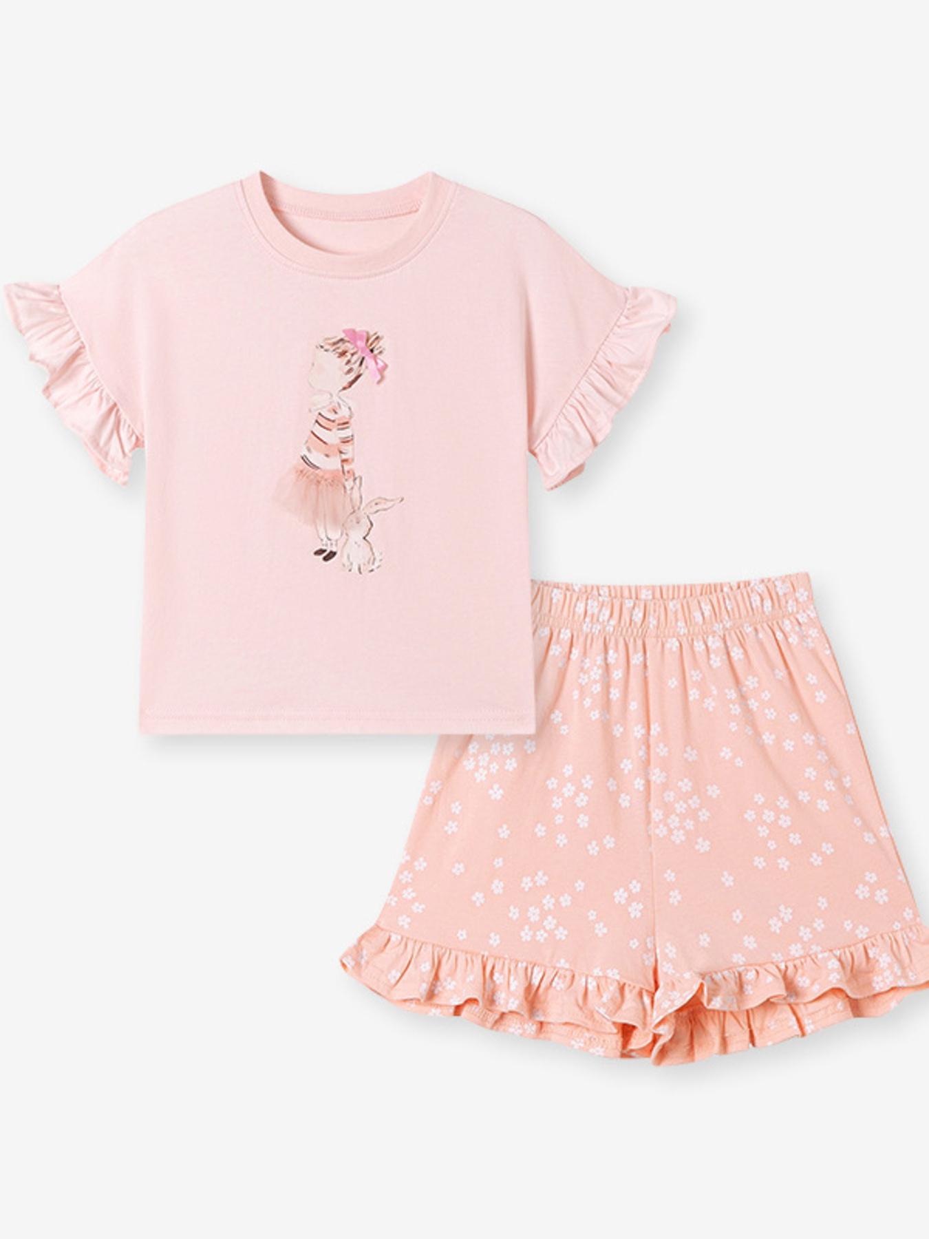 Children's Ruffled Sleeve Graphic Tee & Floral Shorts Set