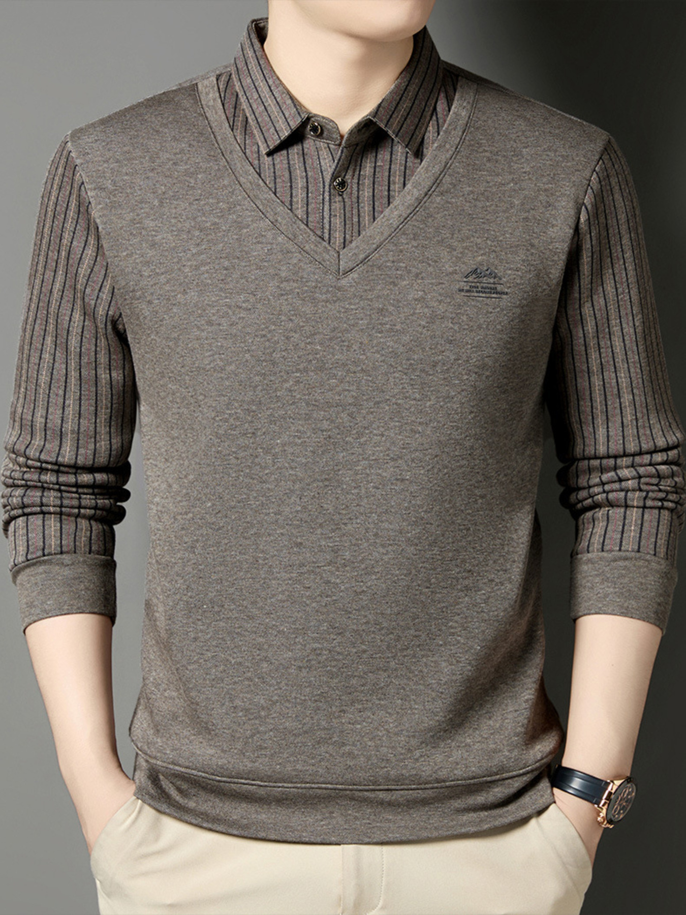 Men's Plus Size Striped Long Sleeve Polo