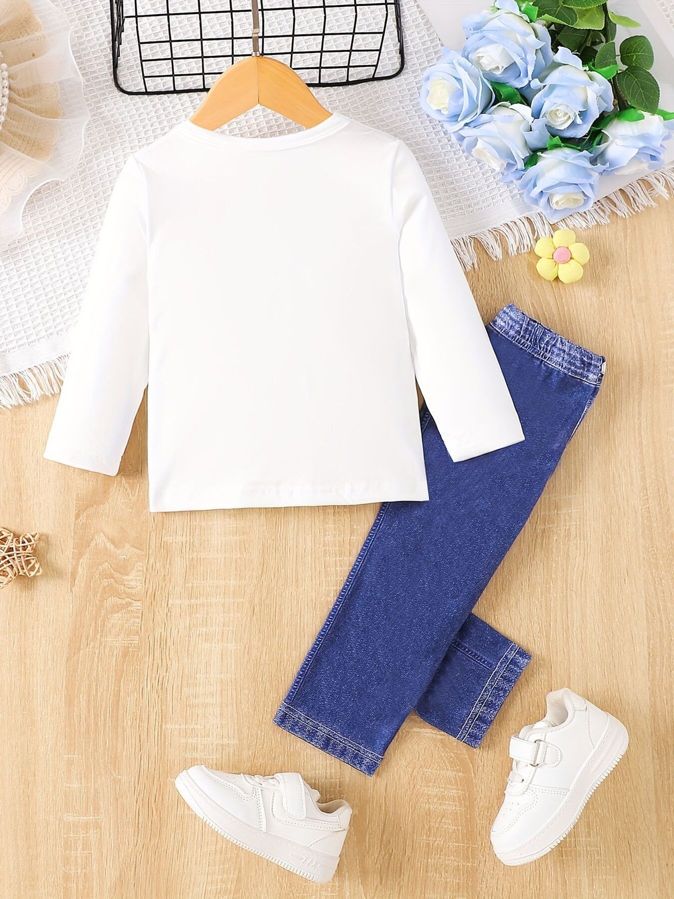 Children's Cartoon Girl Long Sleeve Top & Jeans Set