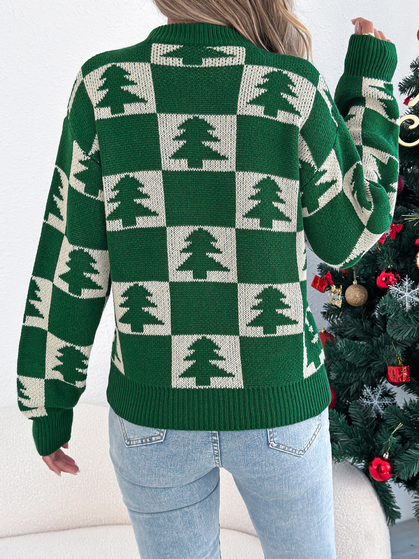 Christmas Tree Checkerboard Pattern Sweater