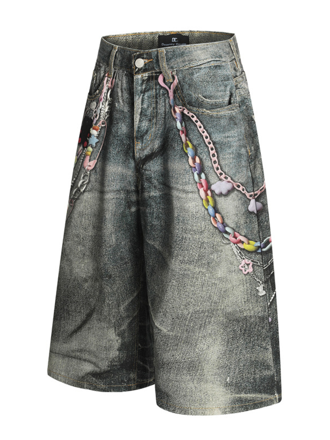 Men's Colorful Beaded Chain Print Denim Shorts