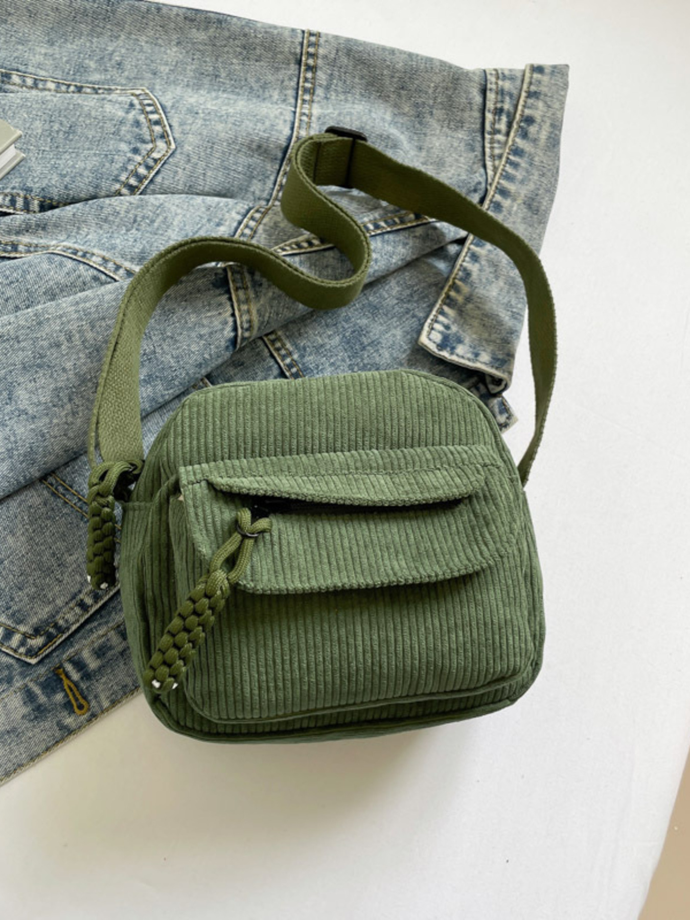Corduroy Crossbody Bag with Adjustable Strap