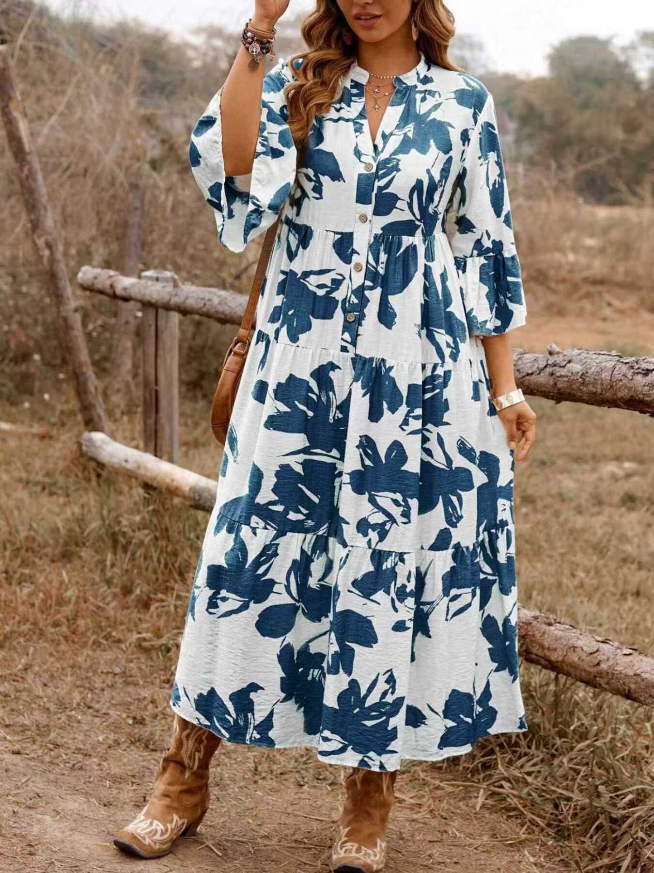 Floral Print Button Front Tiered Dress