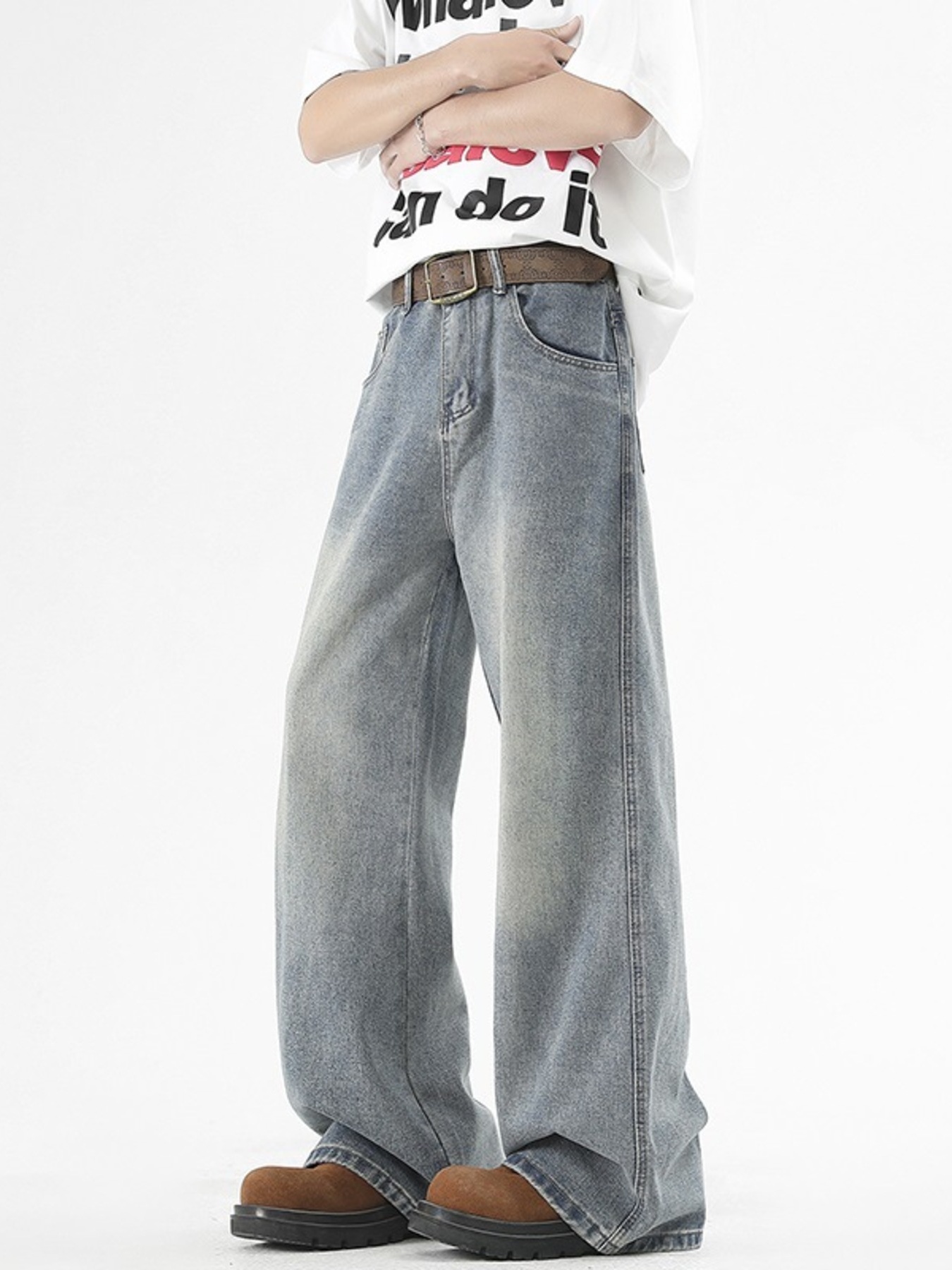 Men's Plus Size Washed Wide Leg Jeans