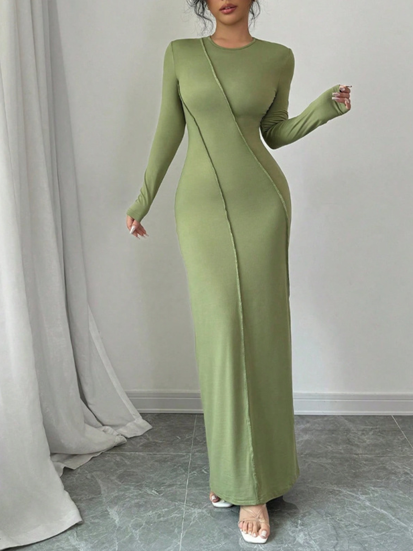 Exposed Seam Long Sleeve Maxi Dress
