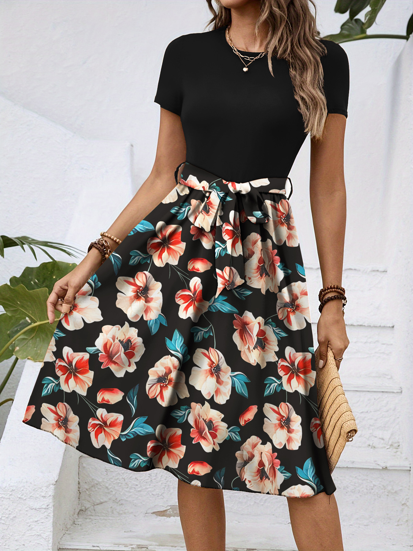 Floral Print Short Sleeve A-Line Dress
