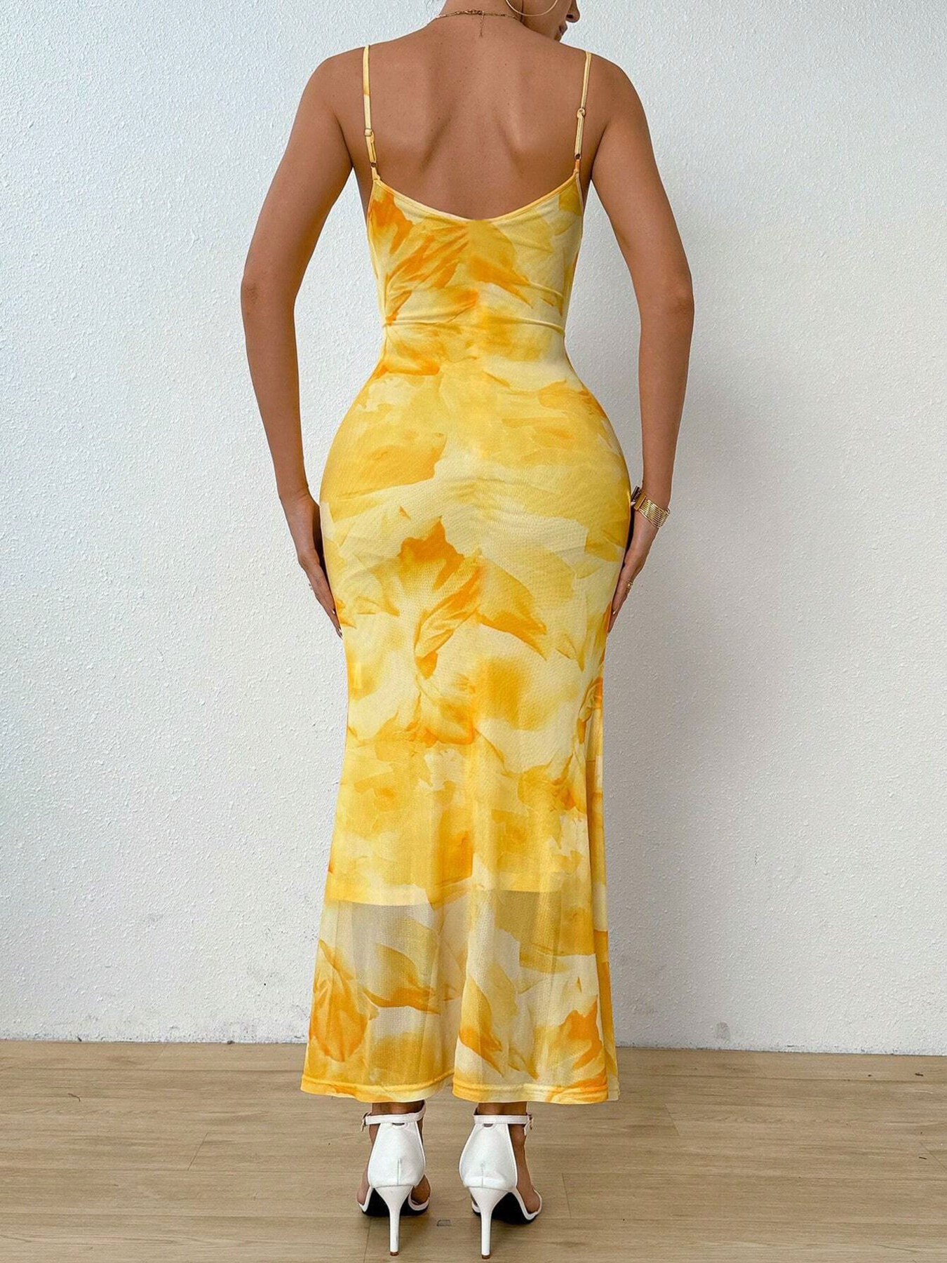 Tie-Dye Ruched Bodycon Mesh Cami Maxi Dress