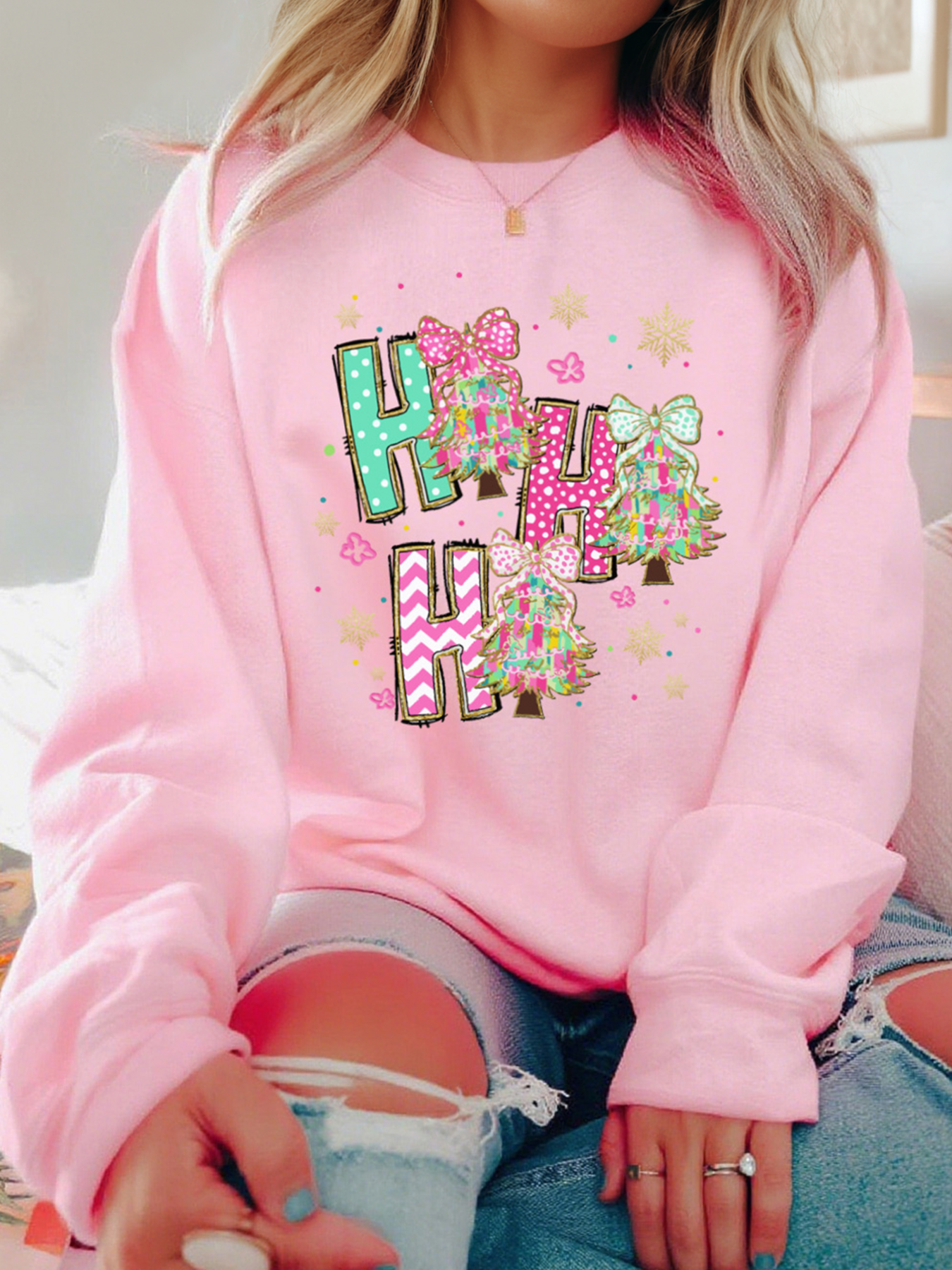 HO HO HO Christmas Tree Graphic Pullover Sweatshirt