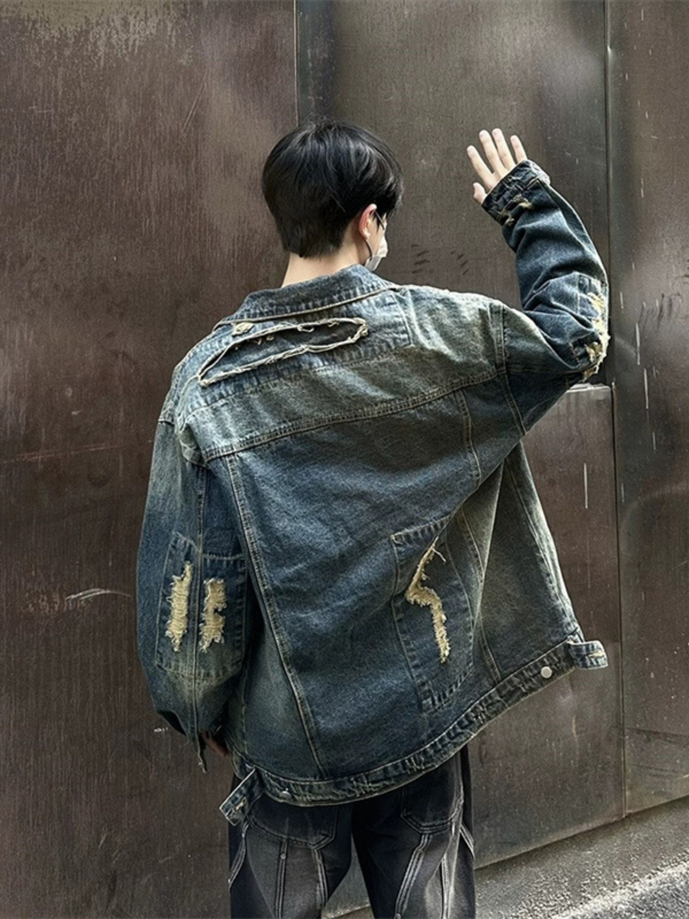 Men's Distressed Button Up Denim Jacket