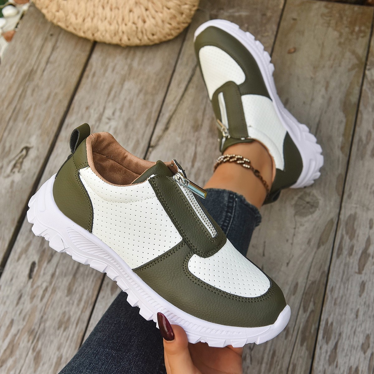 Contrast Breathable Zip Sneakers