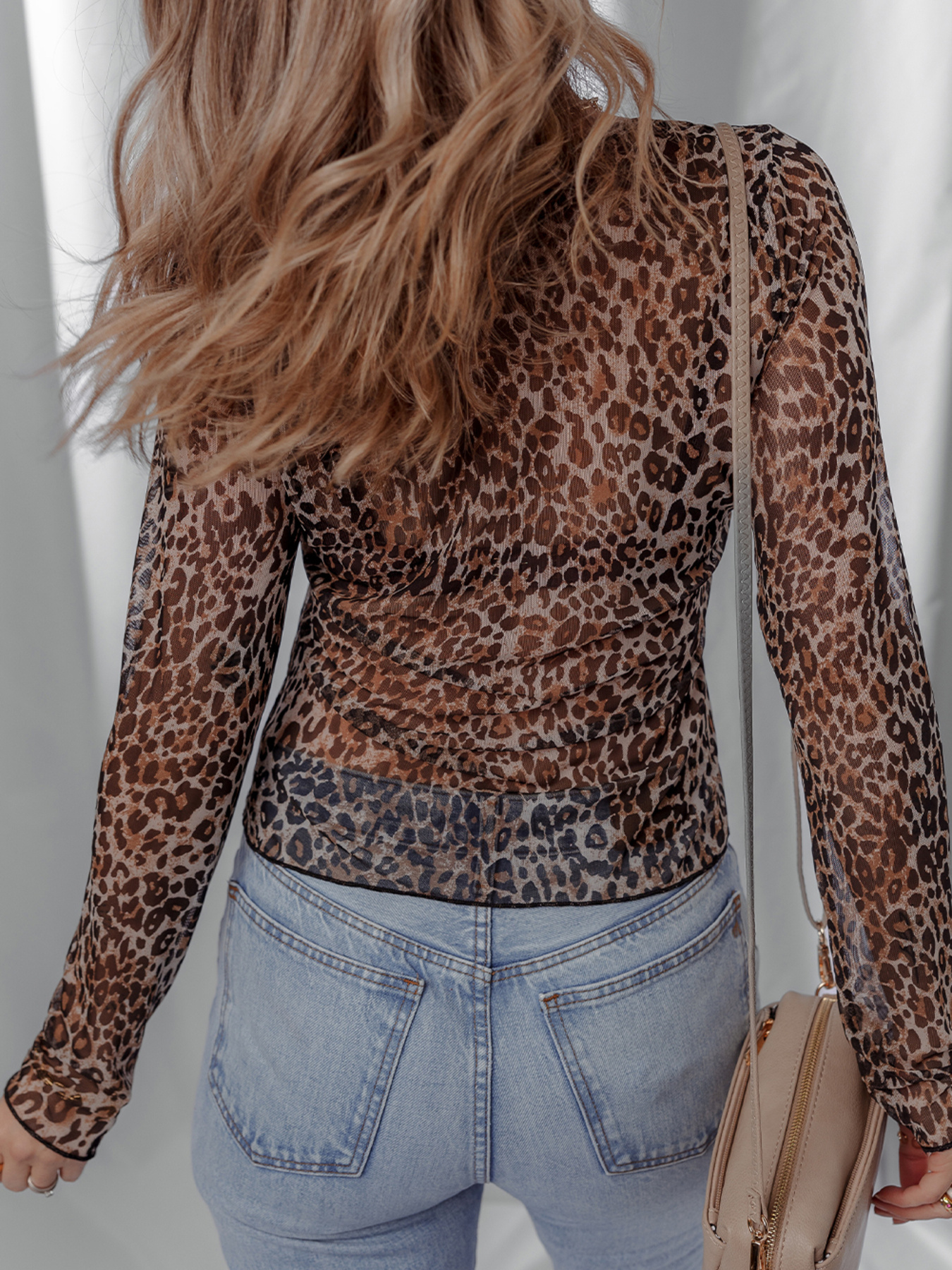 Leopard Sheer Mesh Long Sleeve V Neck Lace-Up Blouse