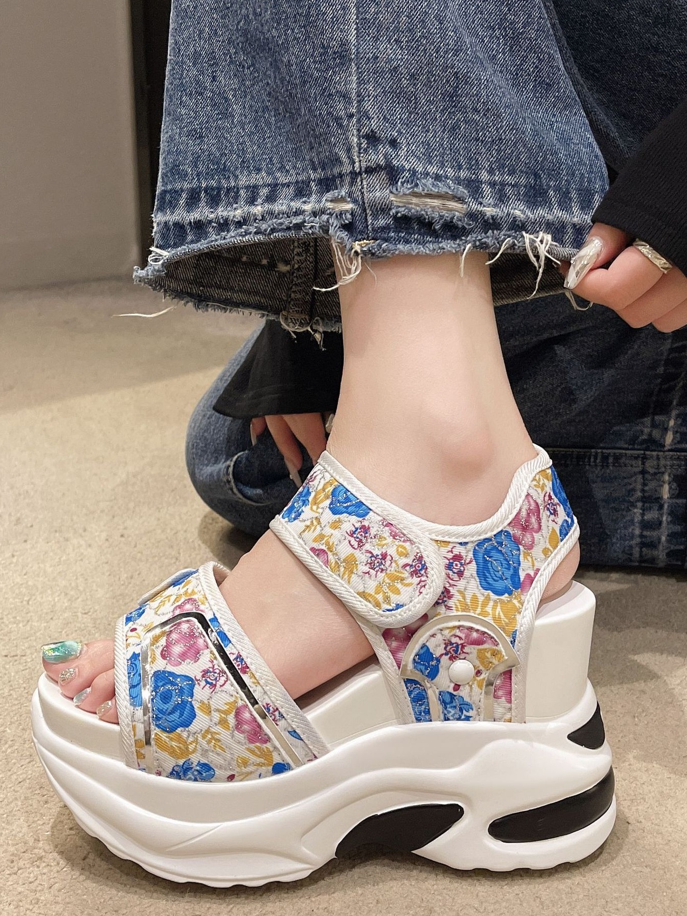 Floral Platform Wedge Sandals with Velcro