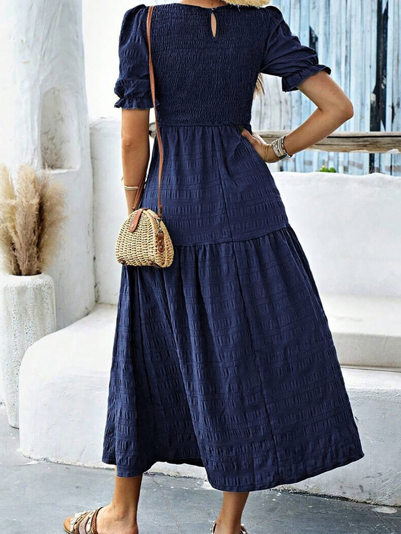 Smocked Short Sleeve Midi Dress