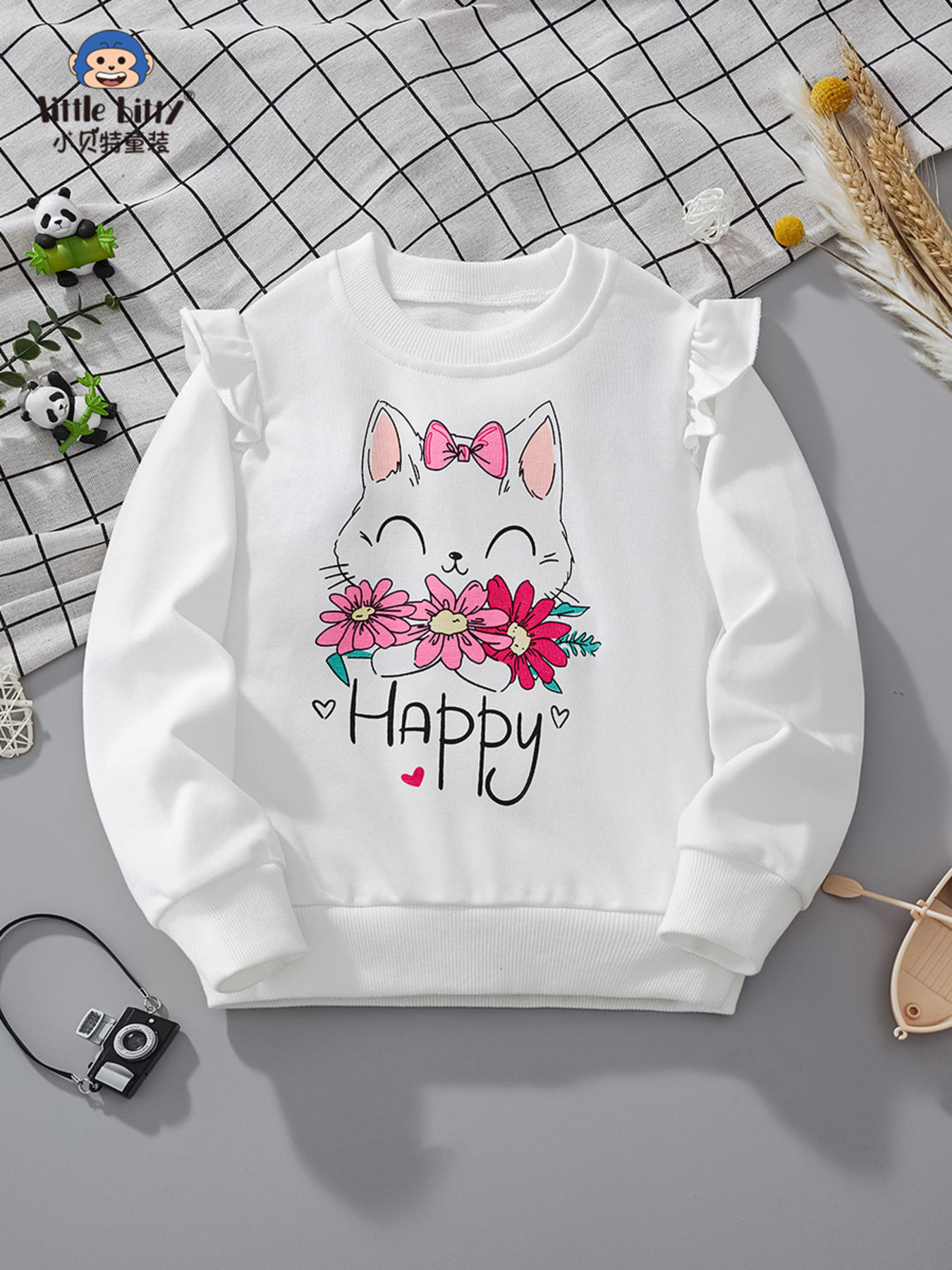 Children's Cat Graphic Ruffle Sleeve Sweatshirt