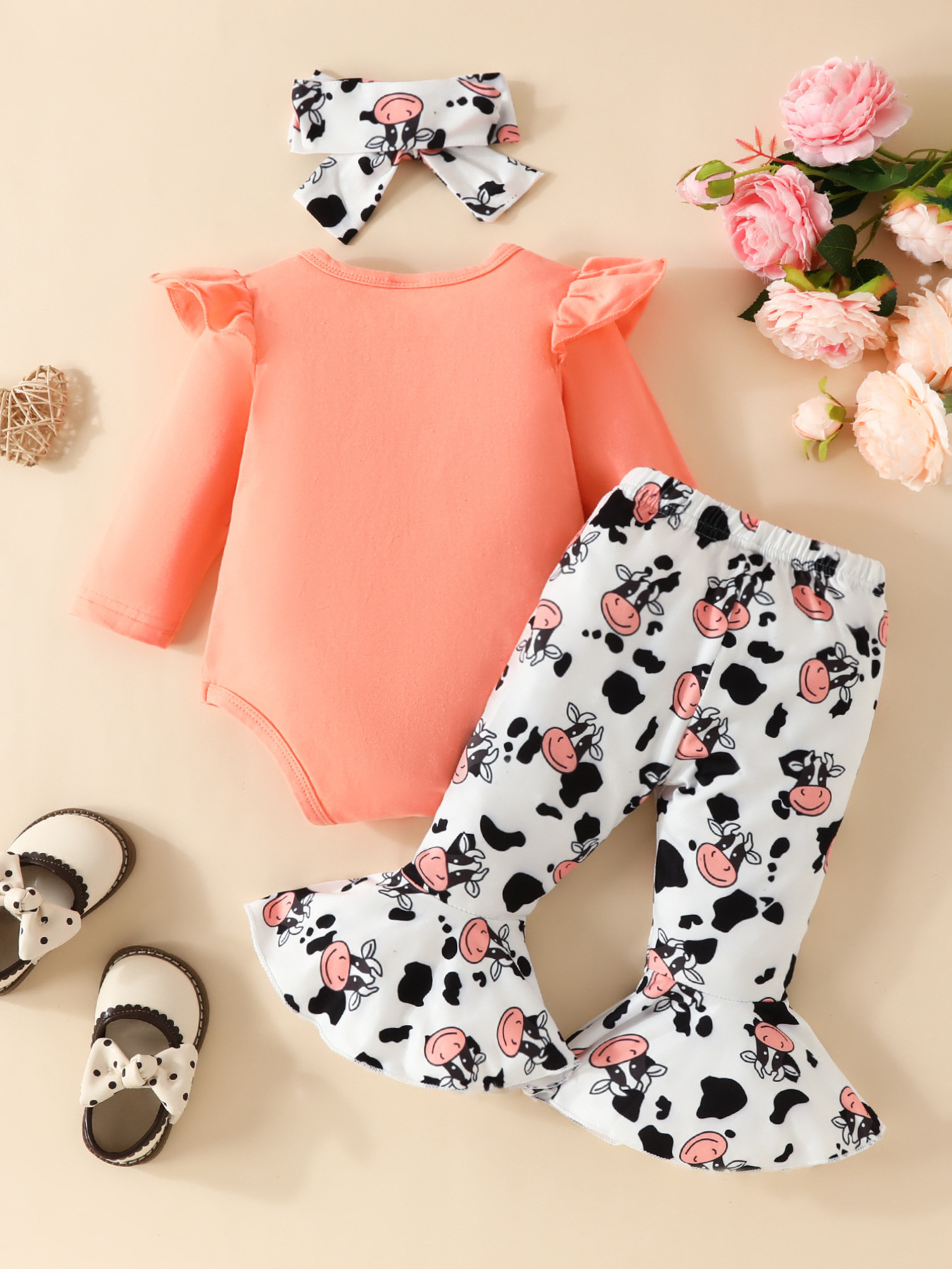 Children's Cow Graphic Ruffle Trim Bodysuit and Pants Set