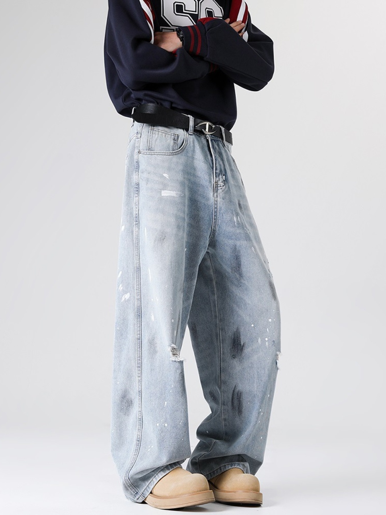 Men's Full Size Distressed Wide Leg Jeans Plus Size