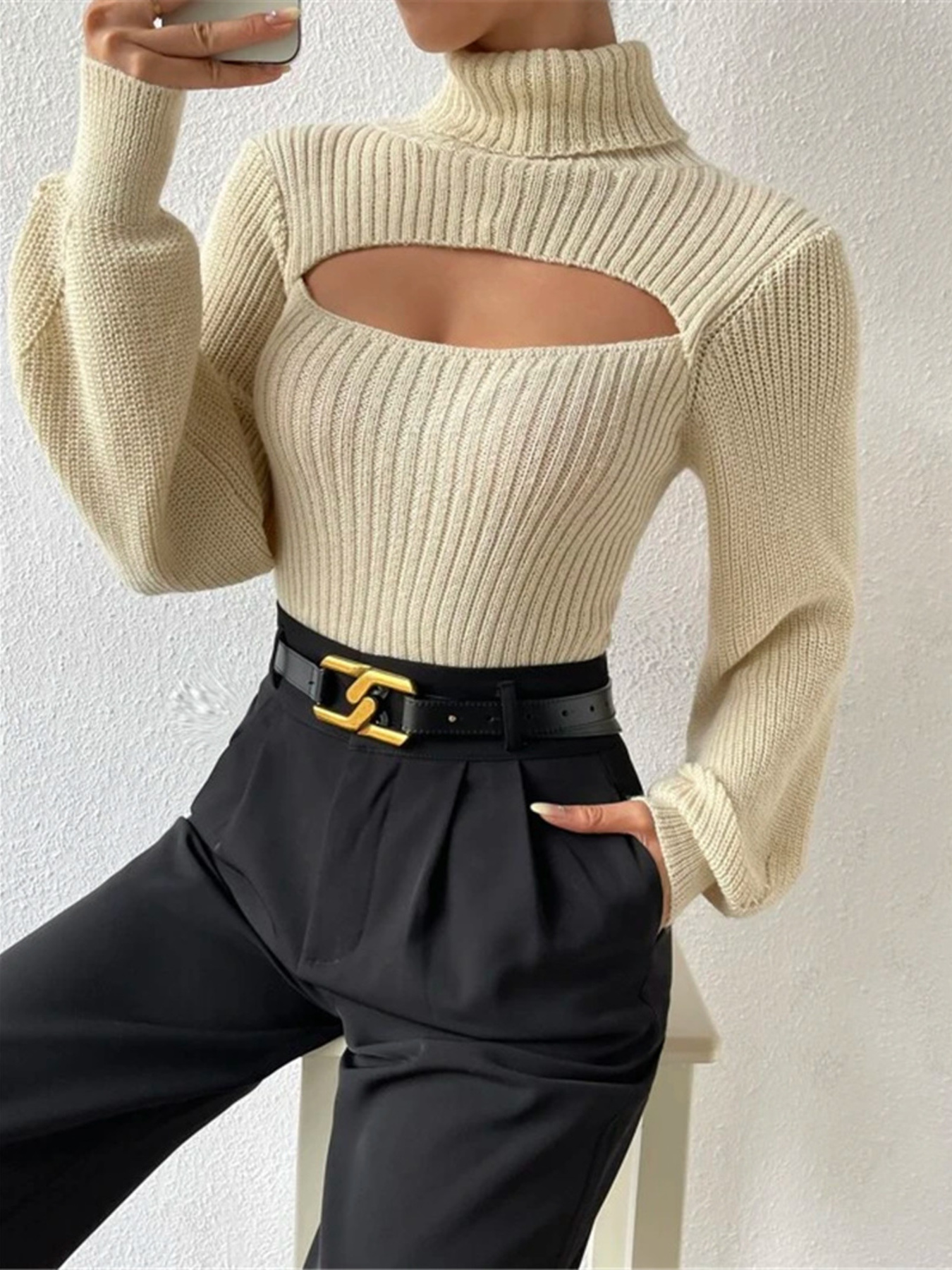 Cutout Front Turtleneck Long Sleeve Sweater