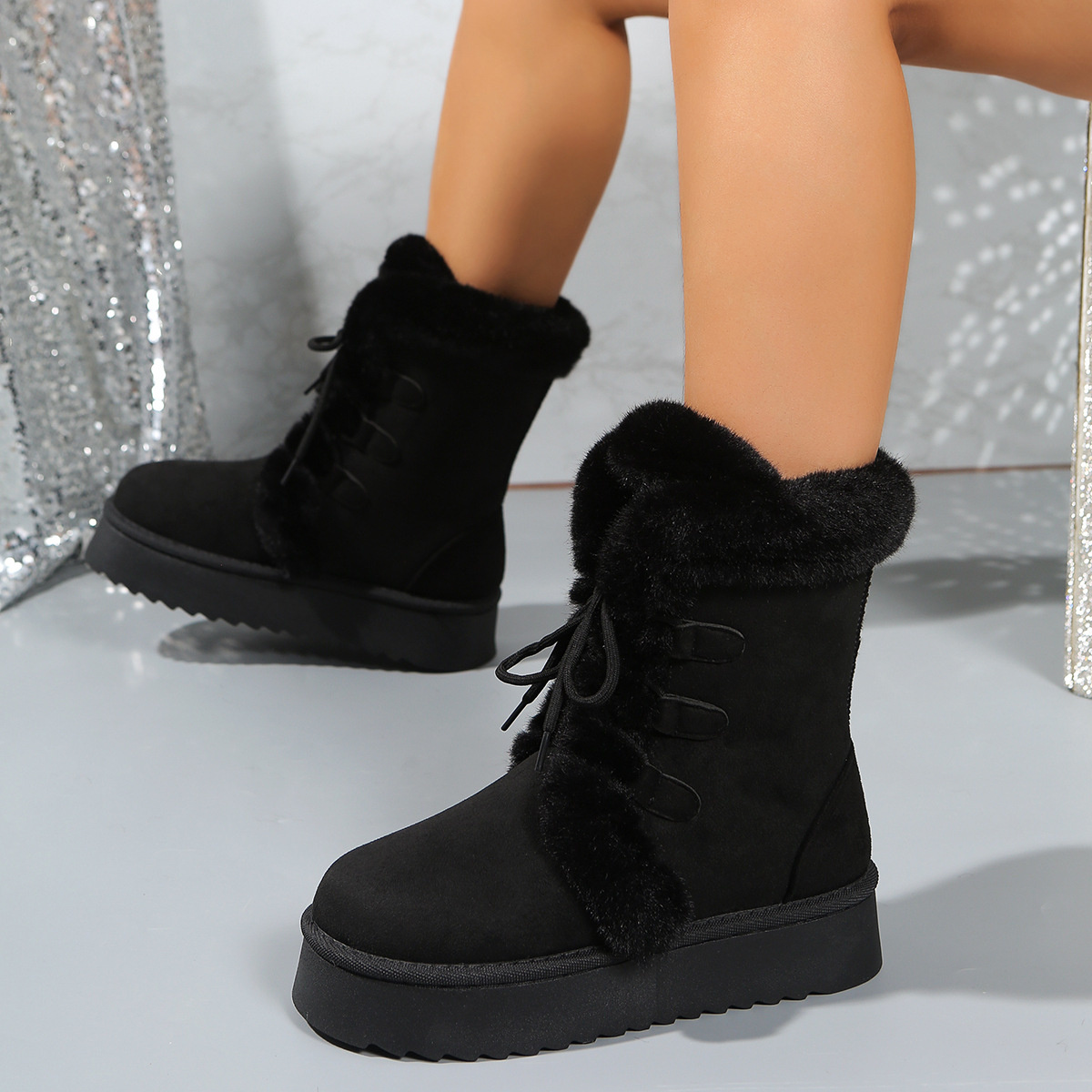 Fuzzy Trim Lace-Up Platform Boots