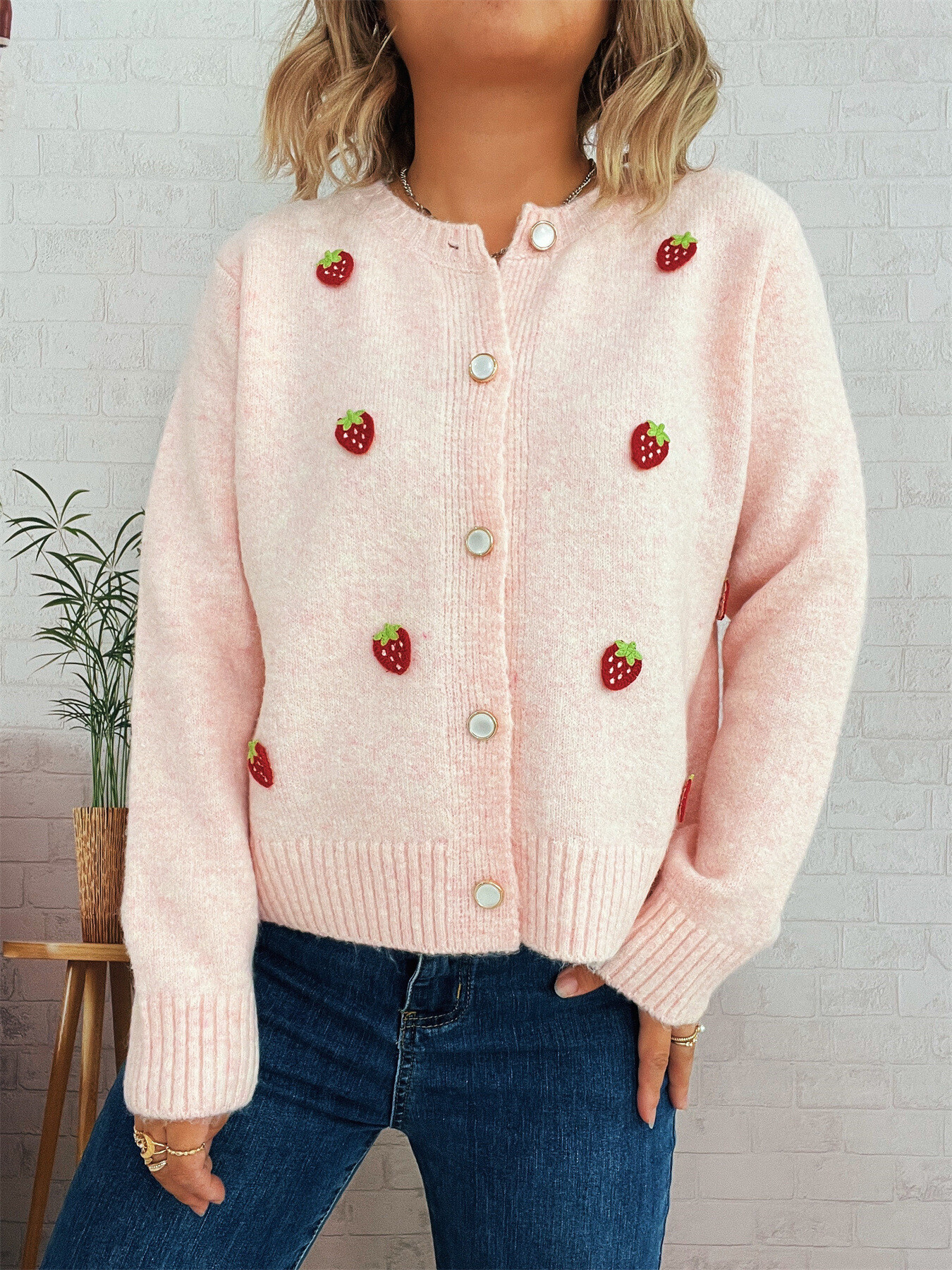 Strawberry Button Up Long Sleeve Cardigan