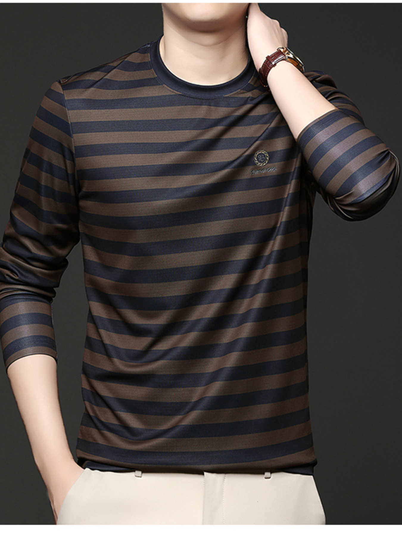Men's Plus Size Striped Long Sleeve Thickened Warm T-Shirt