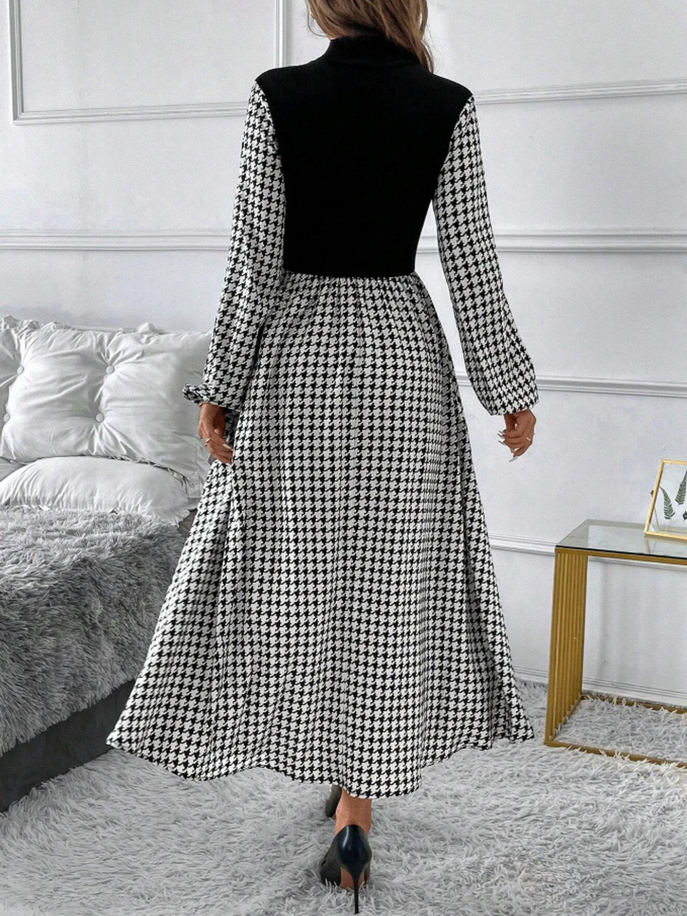 Houndstooth Mock Neck A-Line Dress