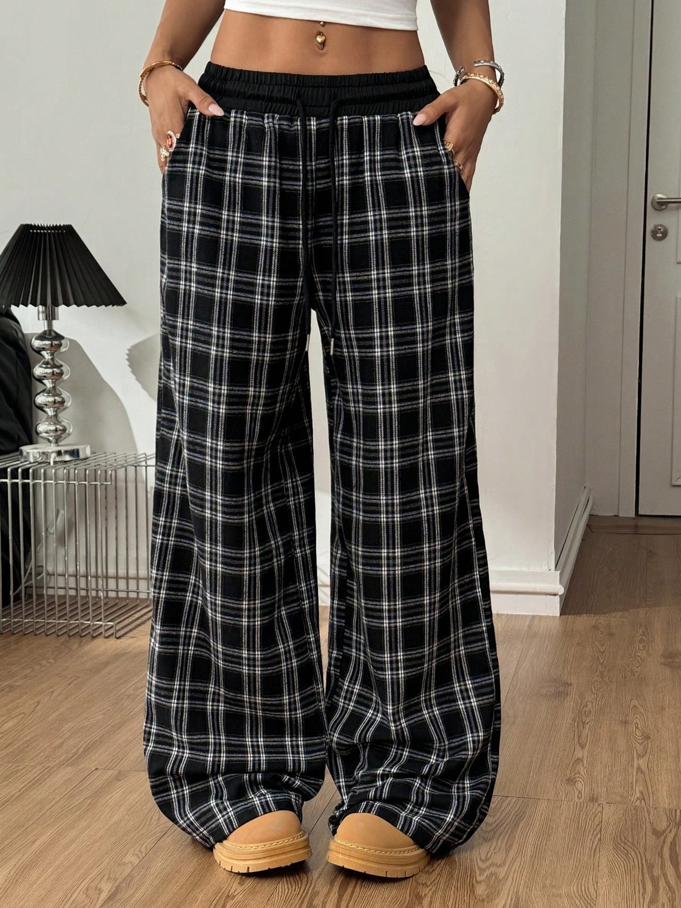 Plaid Wide-Leg Pants with Elastic Waistband