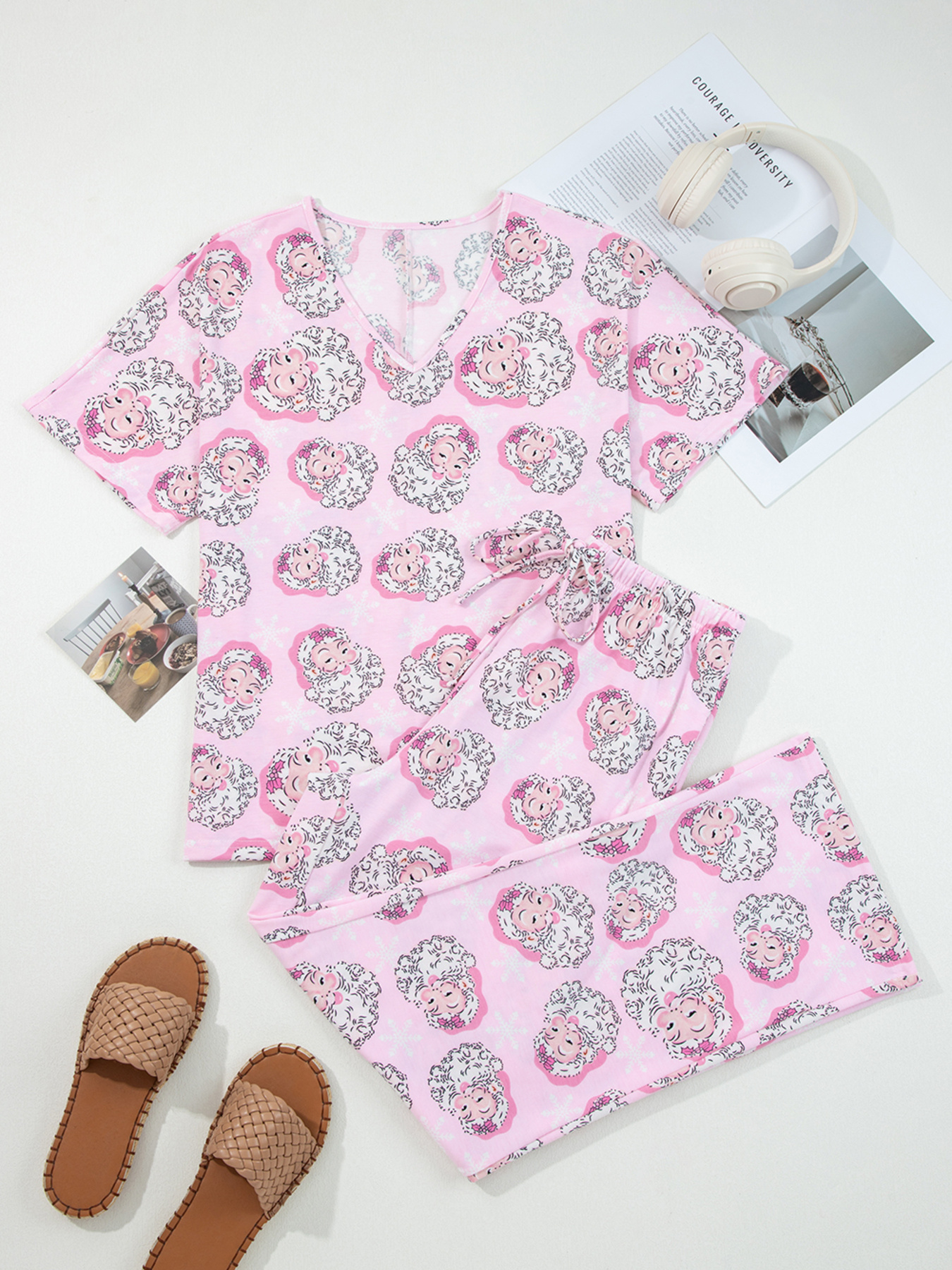 Santa Claus Print V Neck Tee Drawstring Pants 2pcs Lounge Set