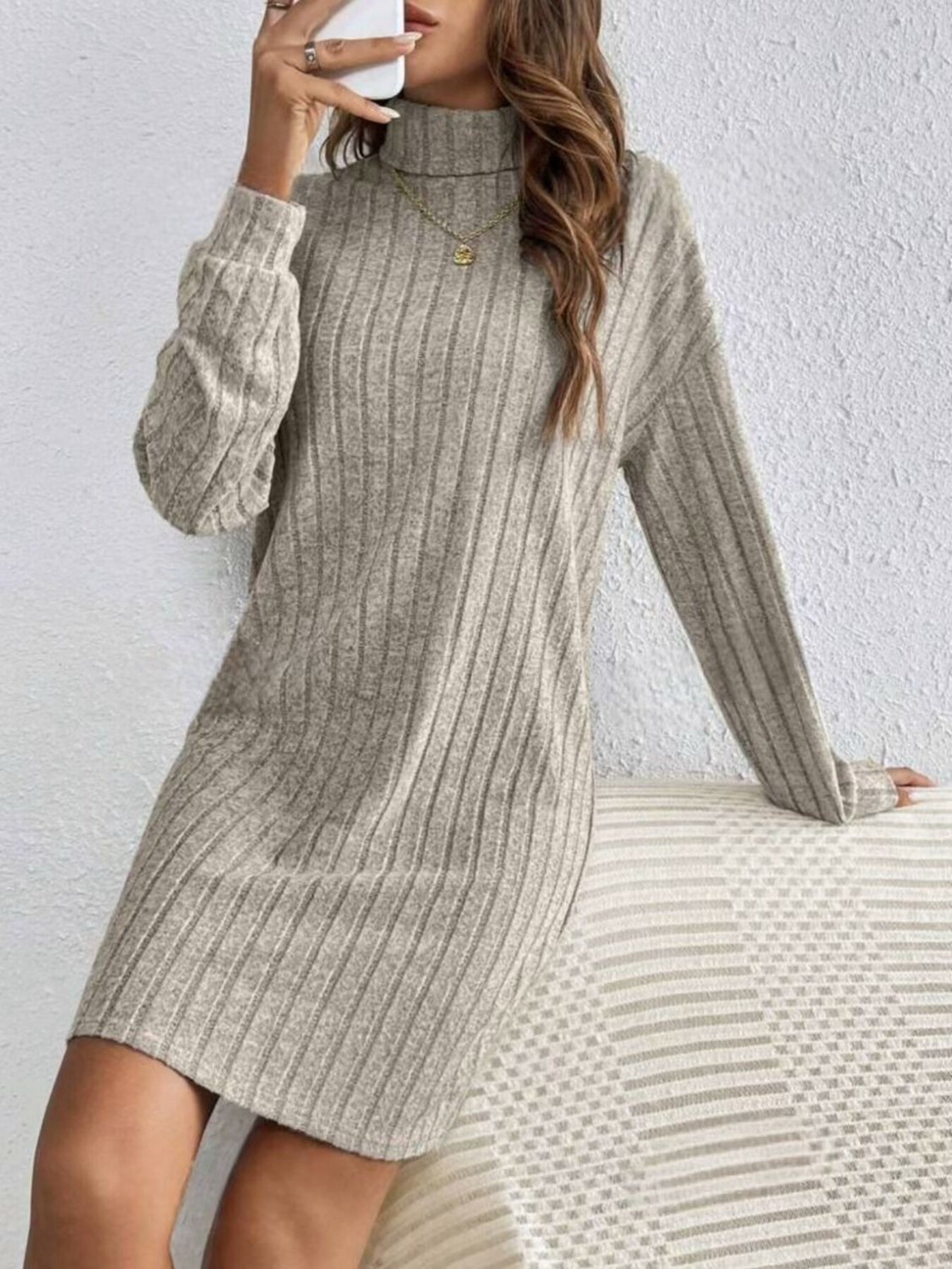 Casual Ribbed Turtleneck Long Sleeve Mini Dress
