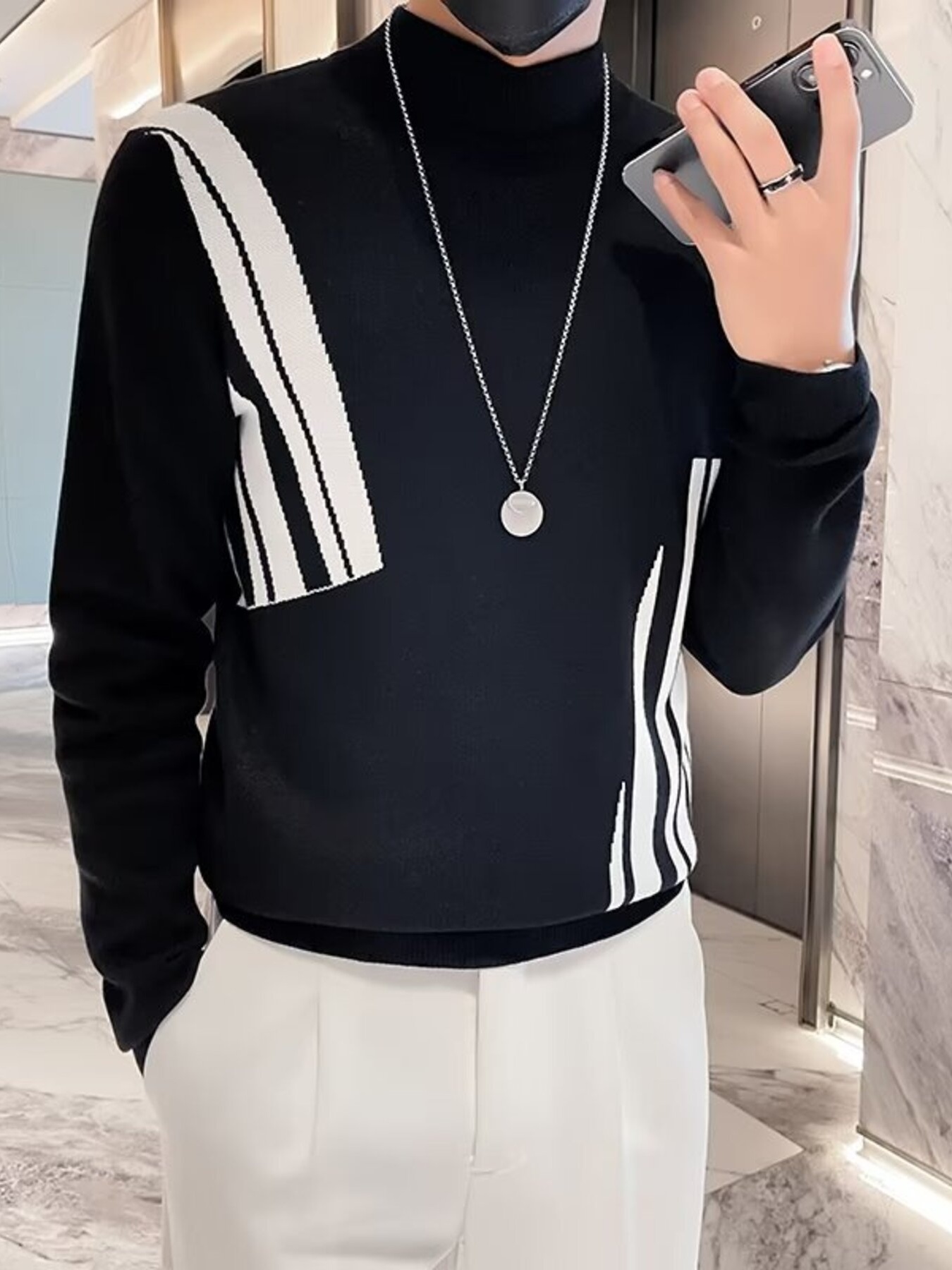 Men's Plus Size Striped Pattern Turtleneck Pullover