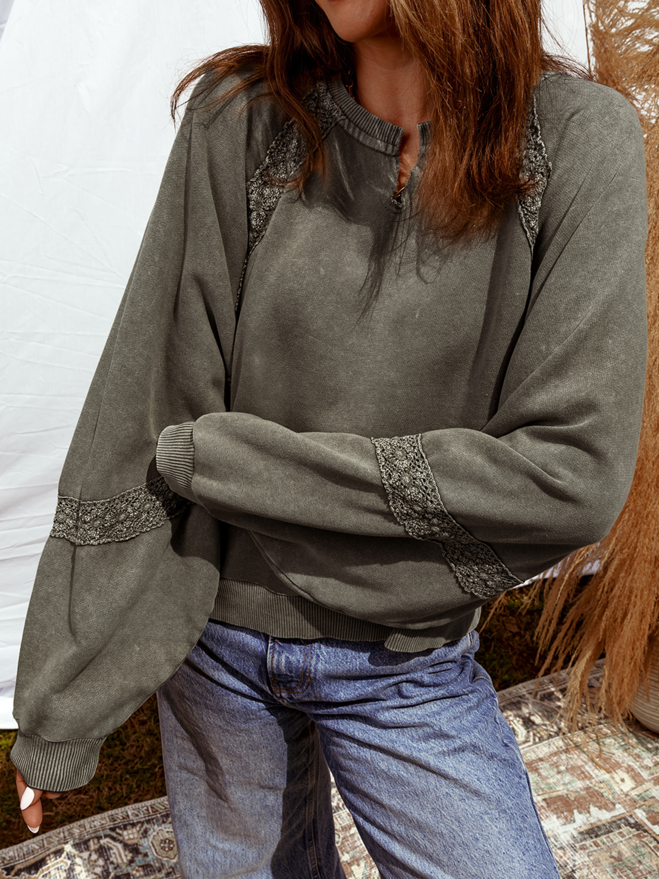 Lace Patchwork Detail Notched Mineral Wash Sweatshirt