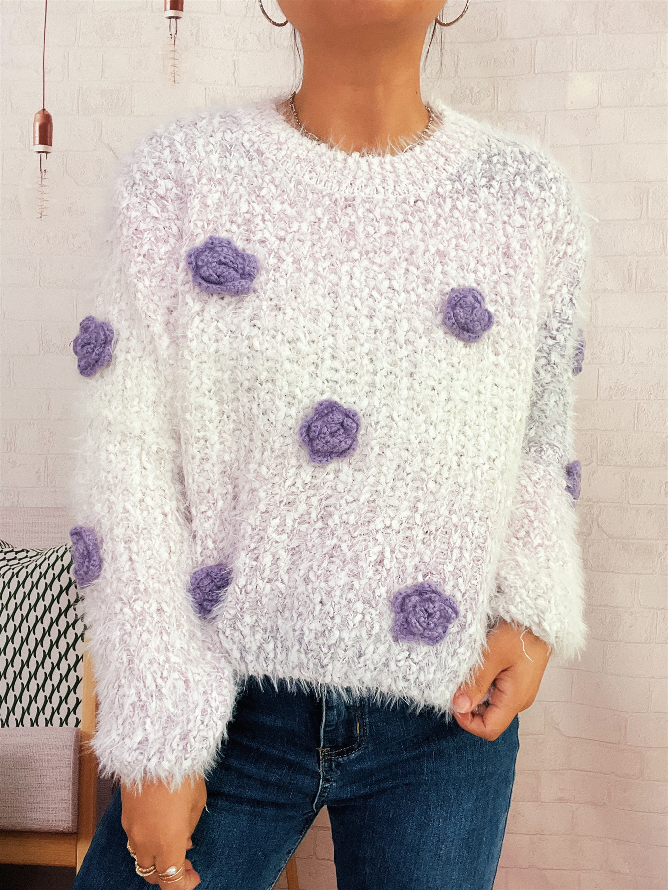 Flower Embellished Round Neck Sweater