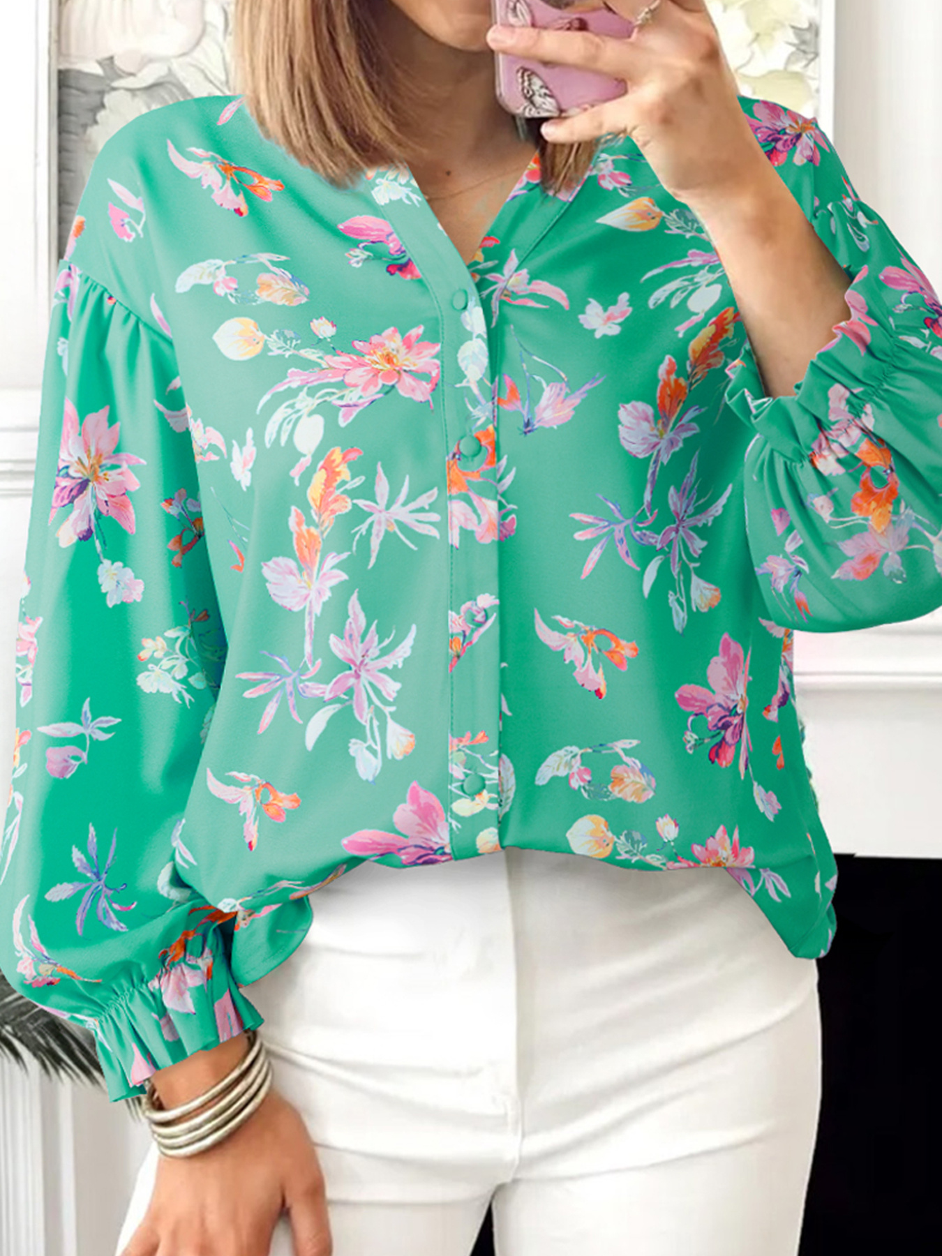 Floral Lantern Sleeve Button Front Shirt