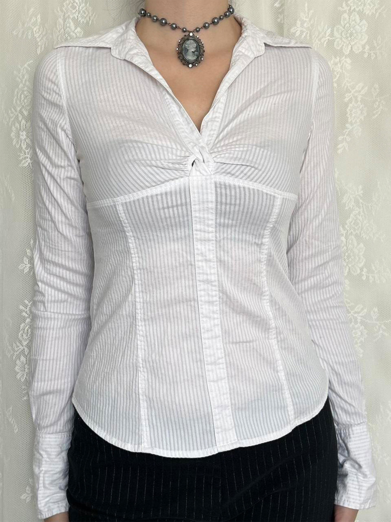 Ruched Striped Collared Neck Long Sleeve Shirt