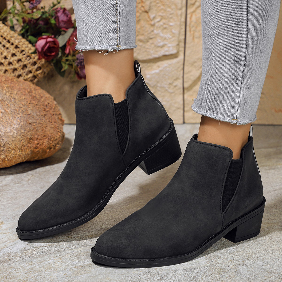 Point Toe Block Heels Ankle Boots