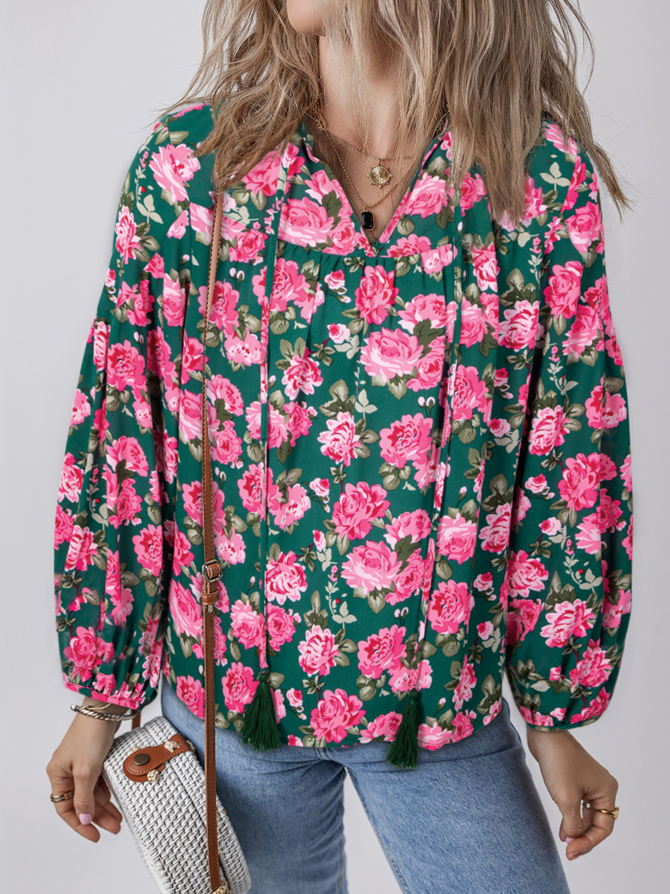 Floral Printed Tied Collar Puff Sleeve Blouse